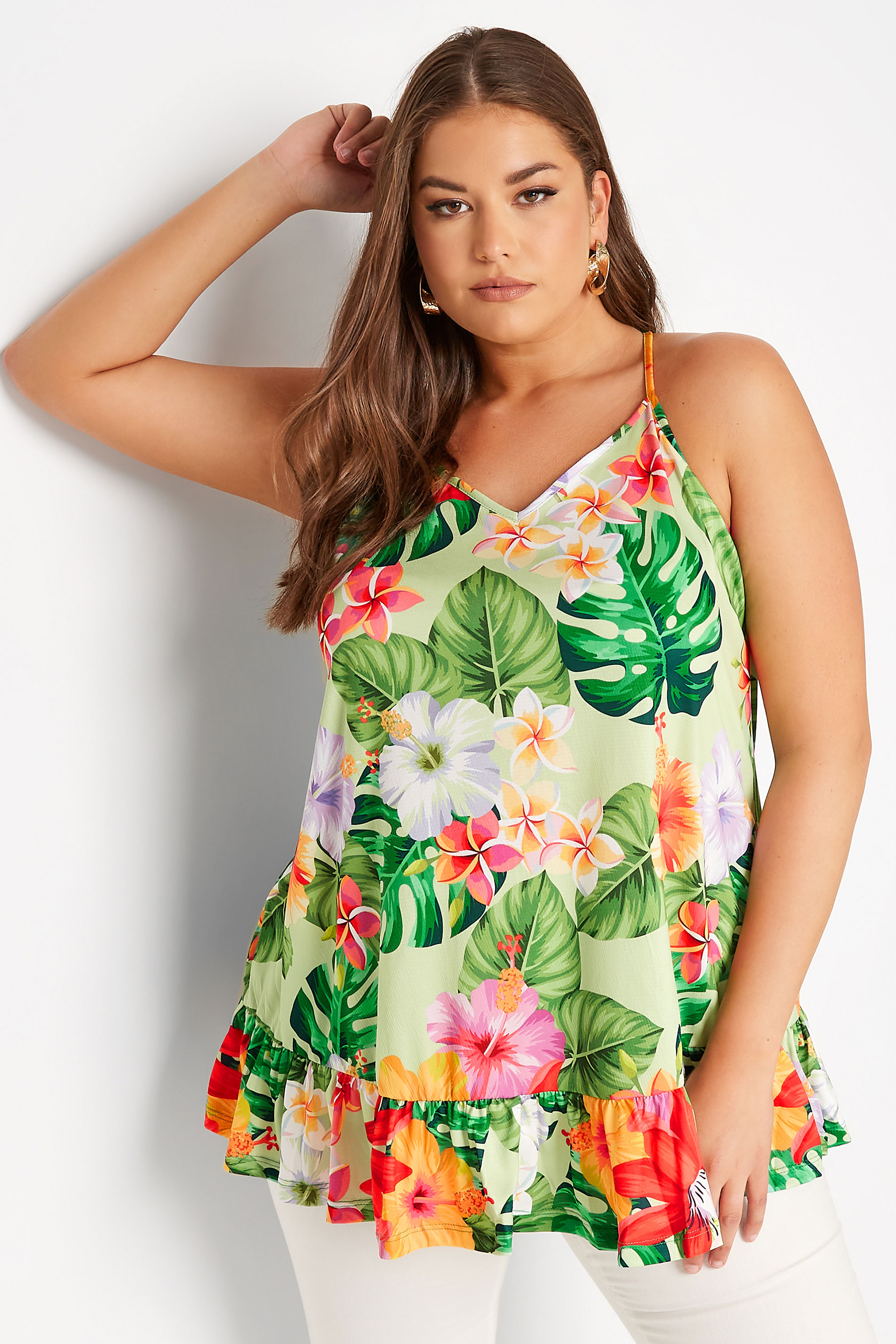 Plus Size Green Tropical Print Frill Hem Cami Top | Yours Clothing 1
