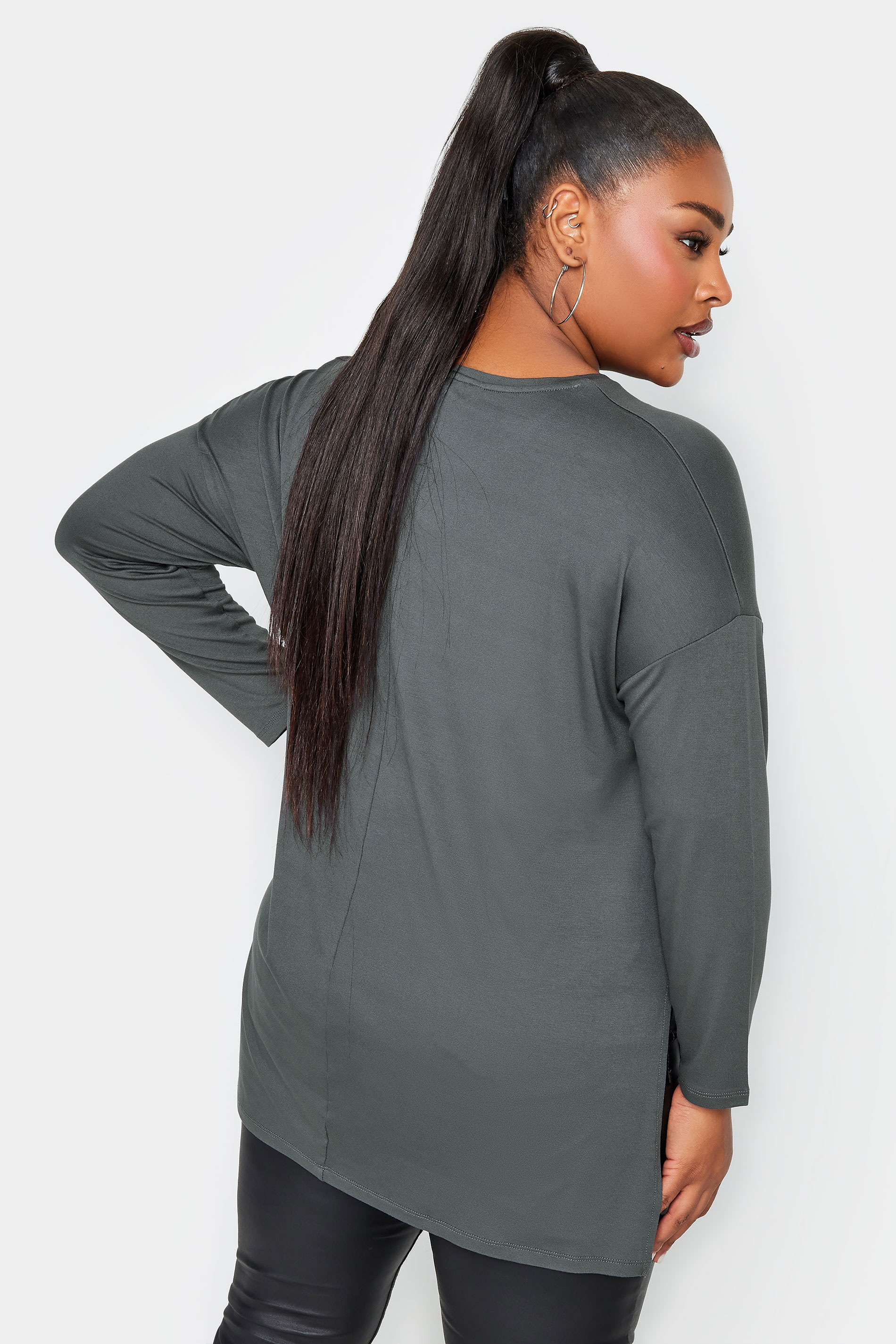 YOURS Curve Grey Split Hem Long Sleeve T-Shirt | Yours Clothing 3