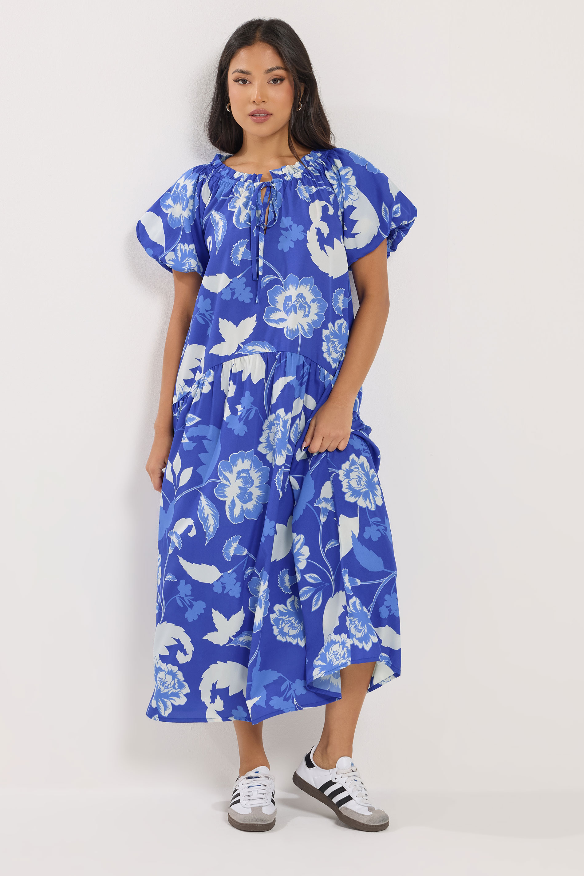 PixieGirl Petite Women's Blue Floral Tie Neck Midi Dress | PixieGirl 1