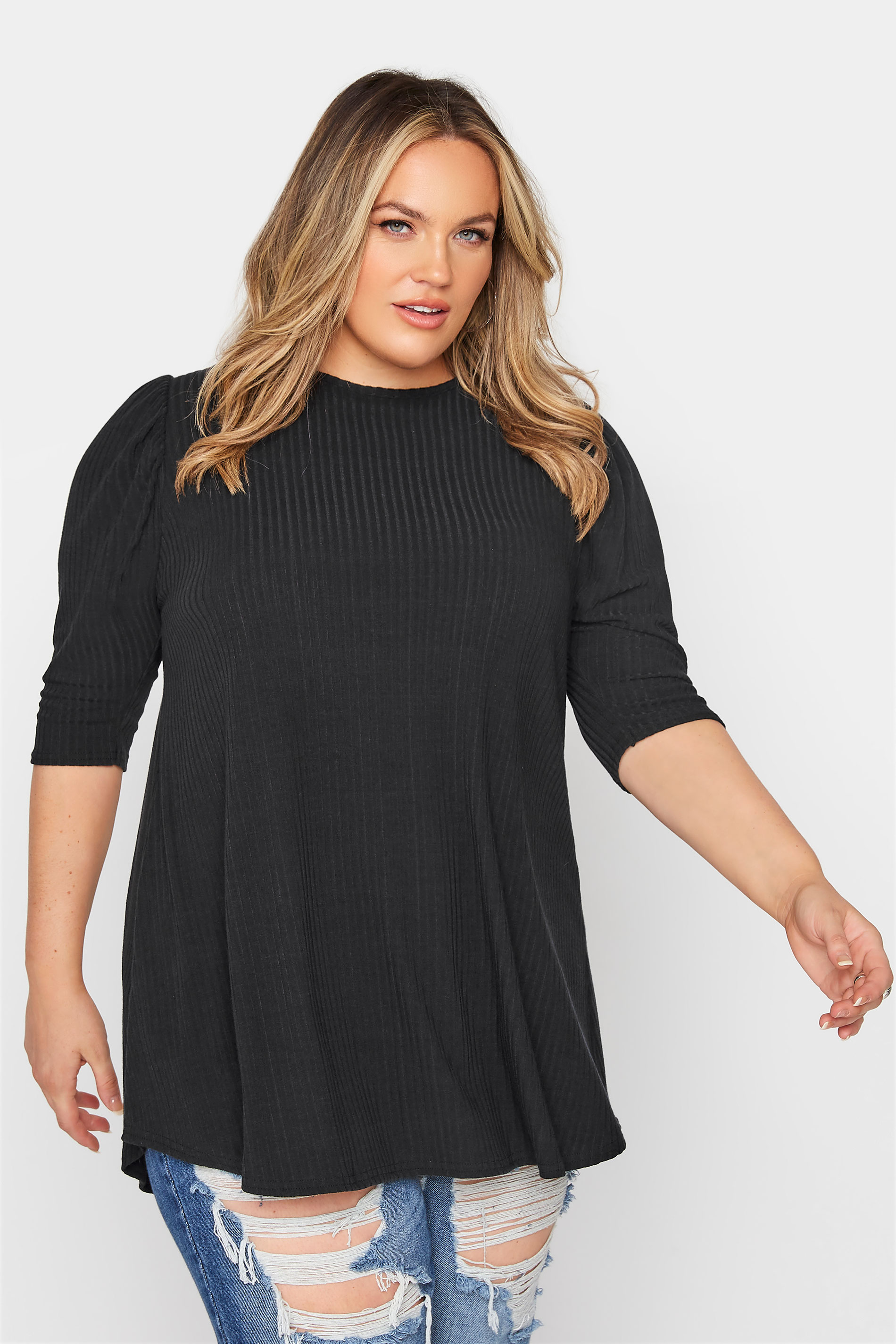 LIMITED COLLECTION Black Puff Sleeve Ribbed Top_A.jpg