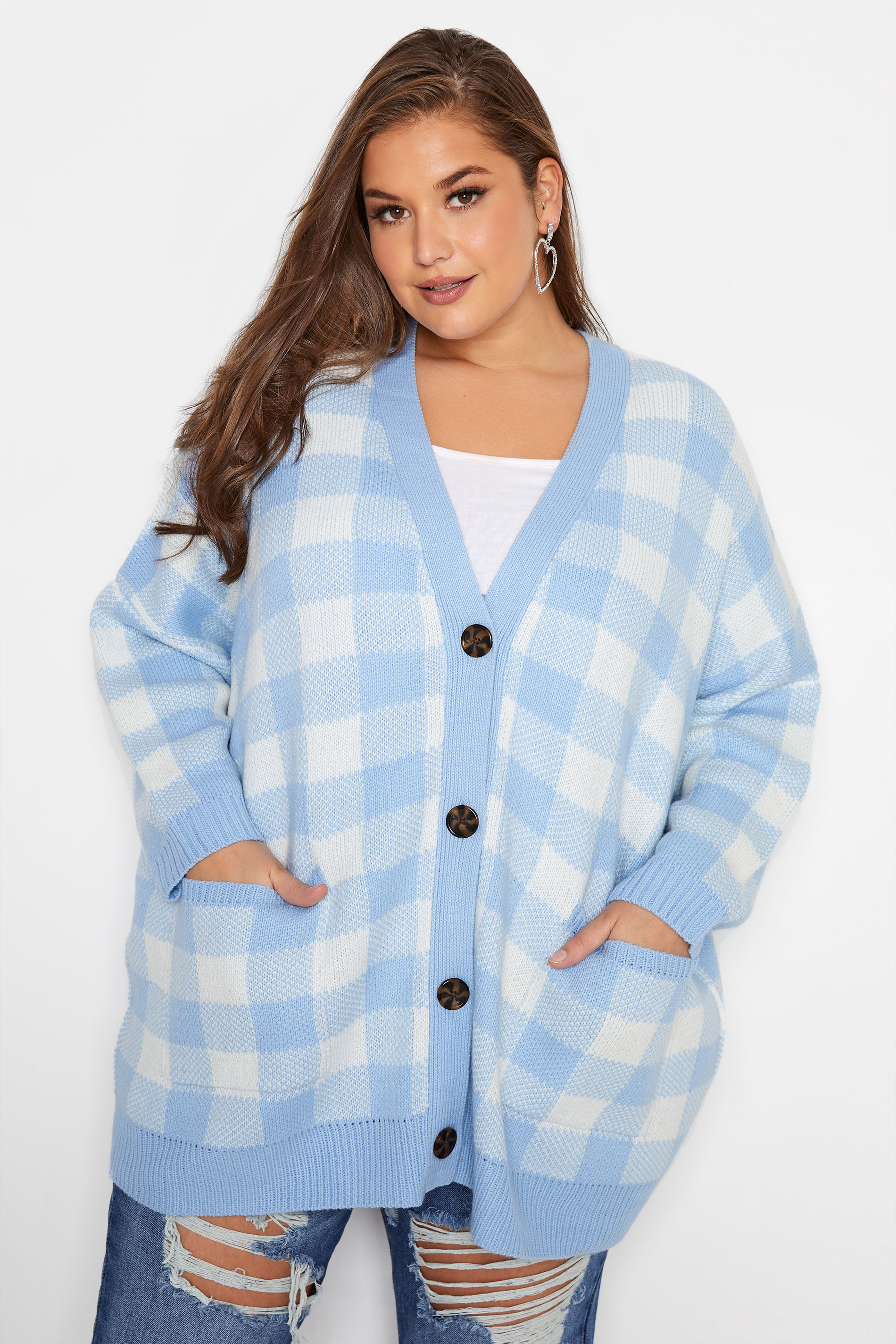 Plus Size Curve Blue Gingham Button Knitted Cardigan | Yours Clothing 1
