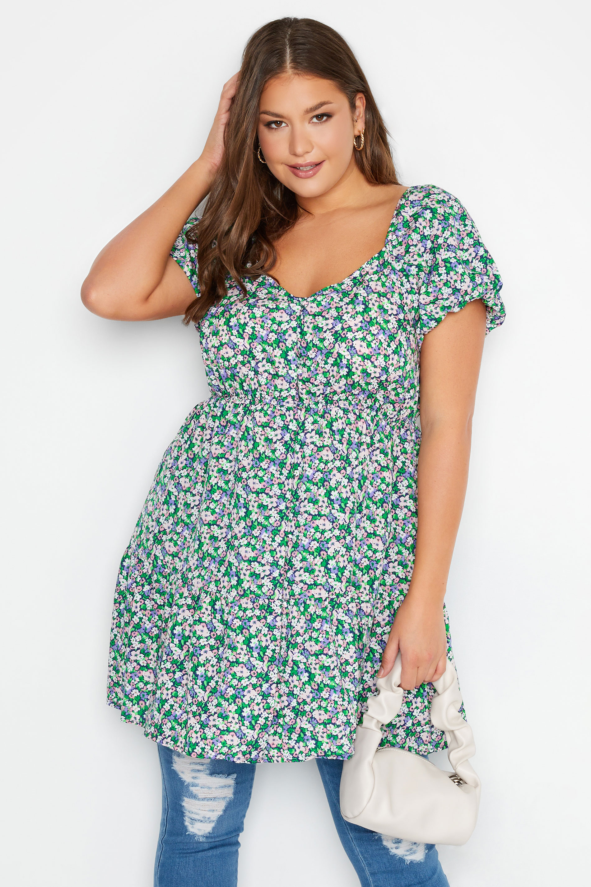 Curve Green Floral Puff Sleeve Button Tunic Top 1