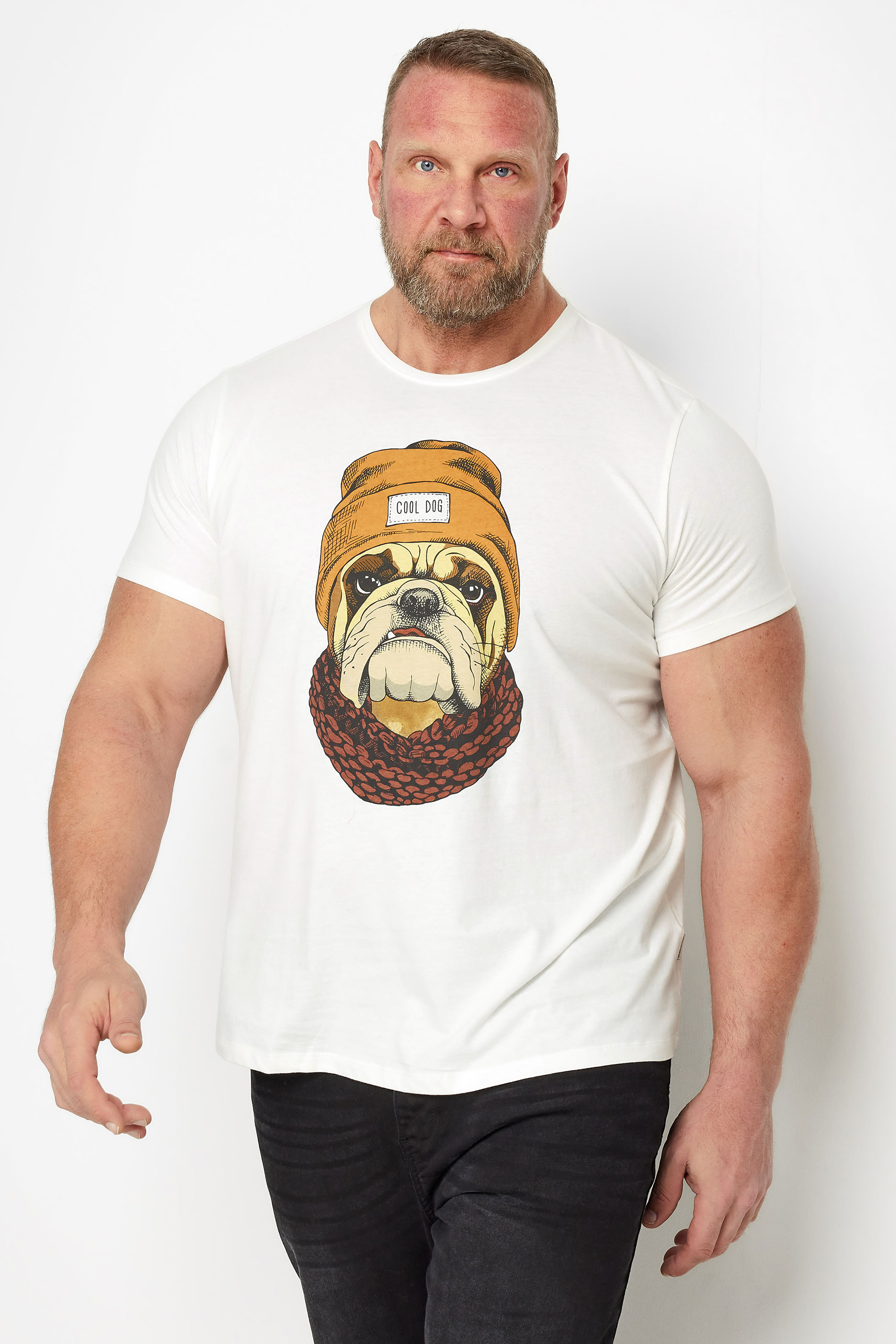 BLEND Big & Tall White Bulldog Print T-Shirt | BadRhino 1