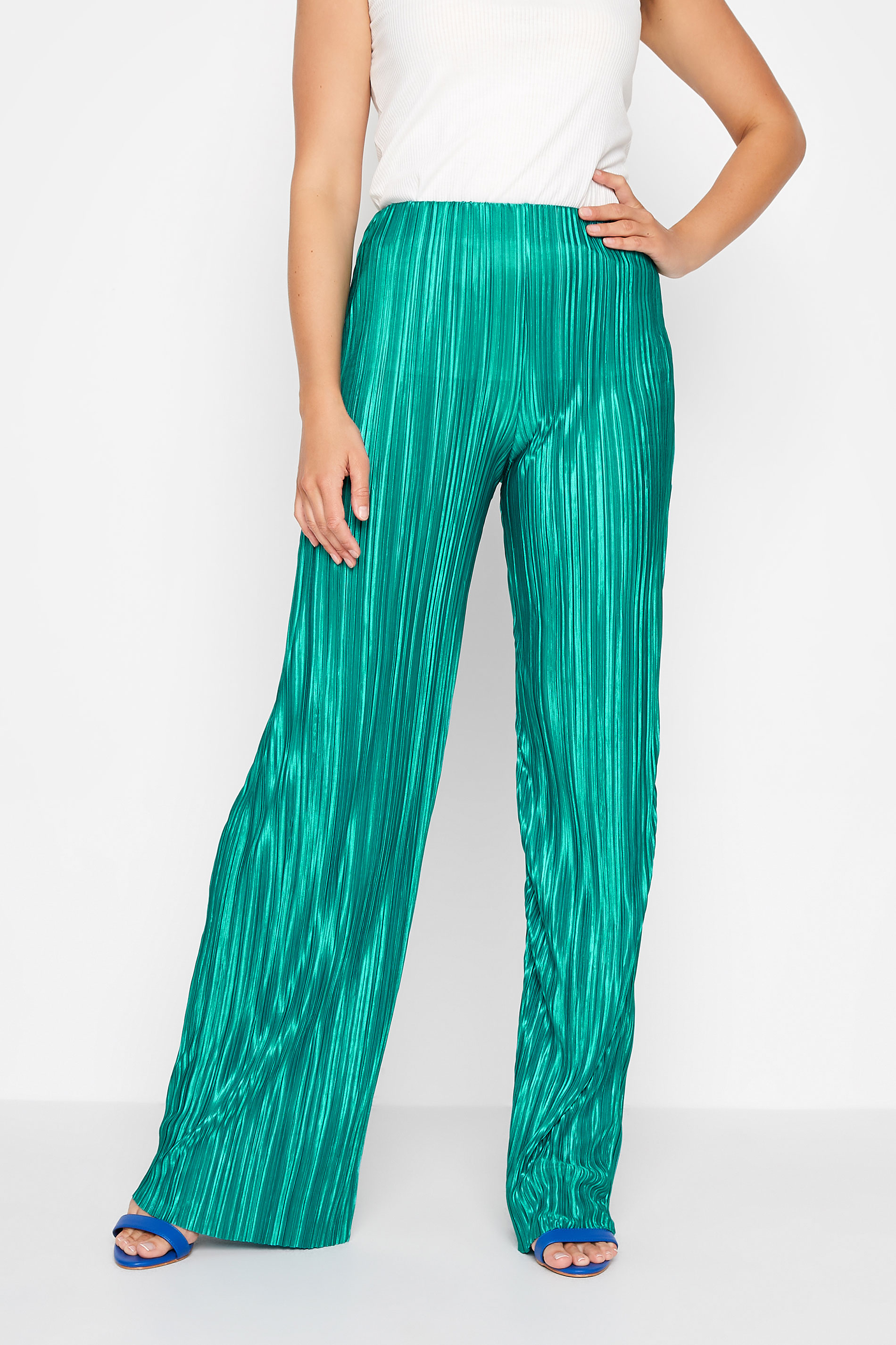 LTS Tall Turquoise Blue Plisse Wide Leg Trousers | Long Tall Sally 1