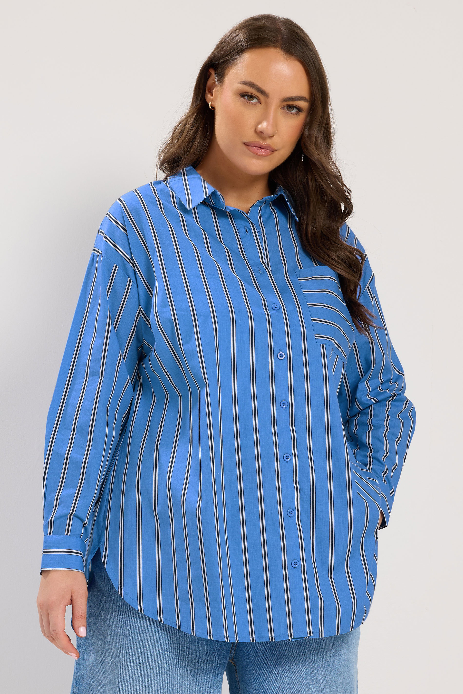 YOURS Plus Size Blue Stripe Button Through Shirt | Yours Clothing 1