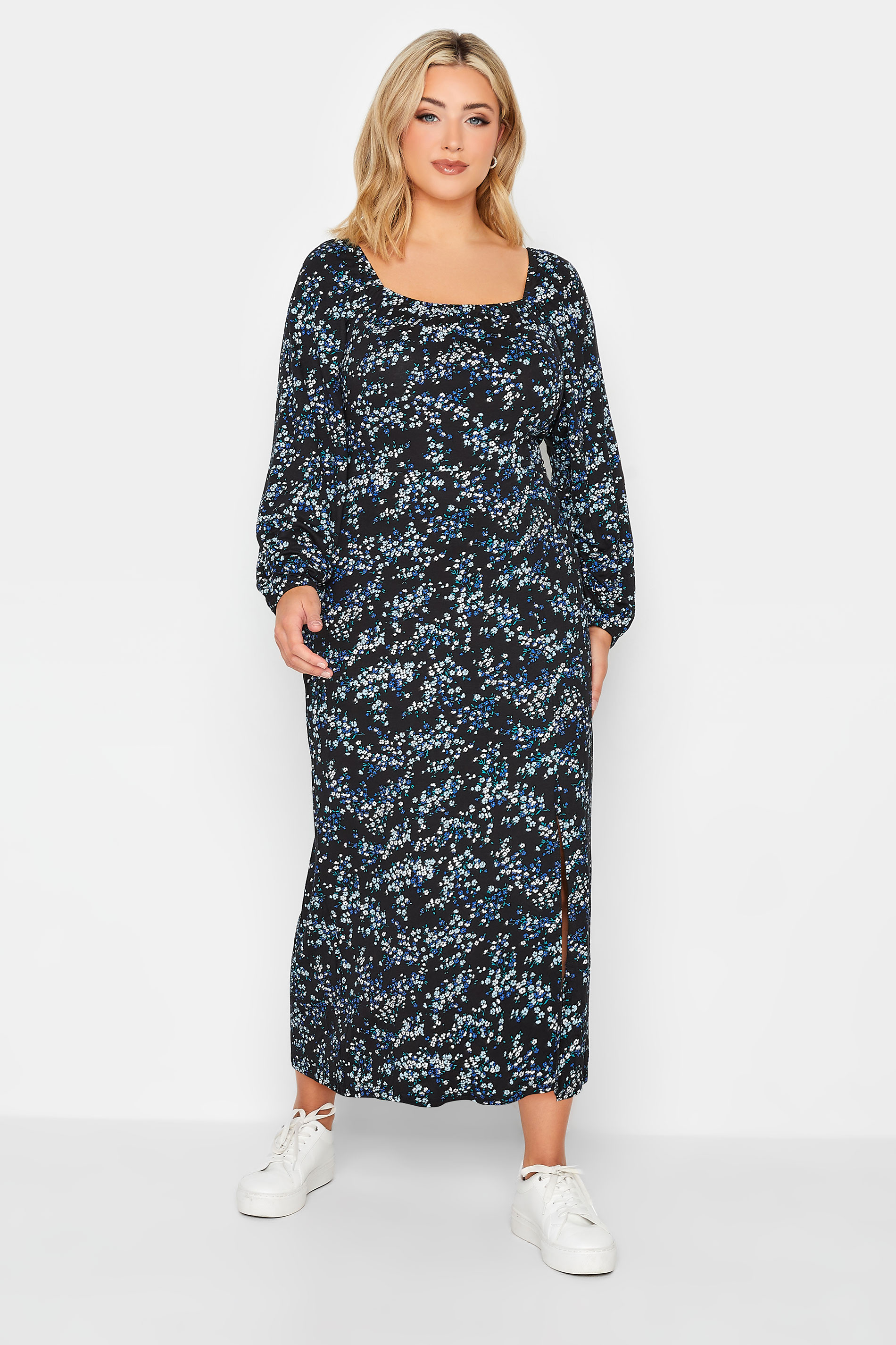 YOURS PETITE Plus Size Black & Blue Ditsy Print Milkmaid Midi Dress | Yours Clothing 3