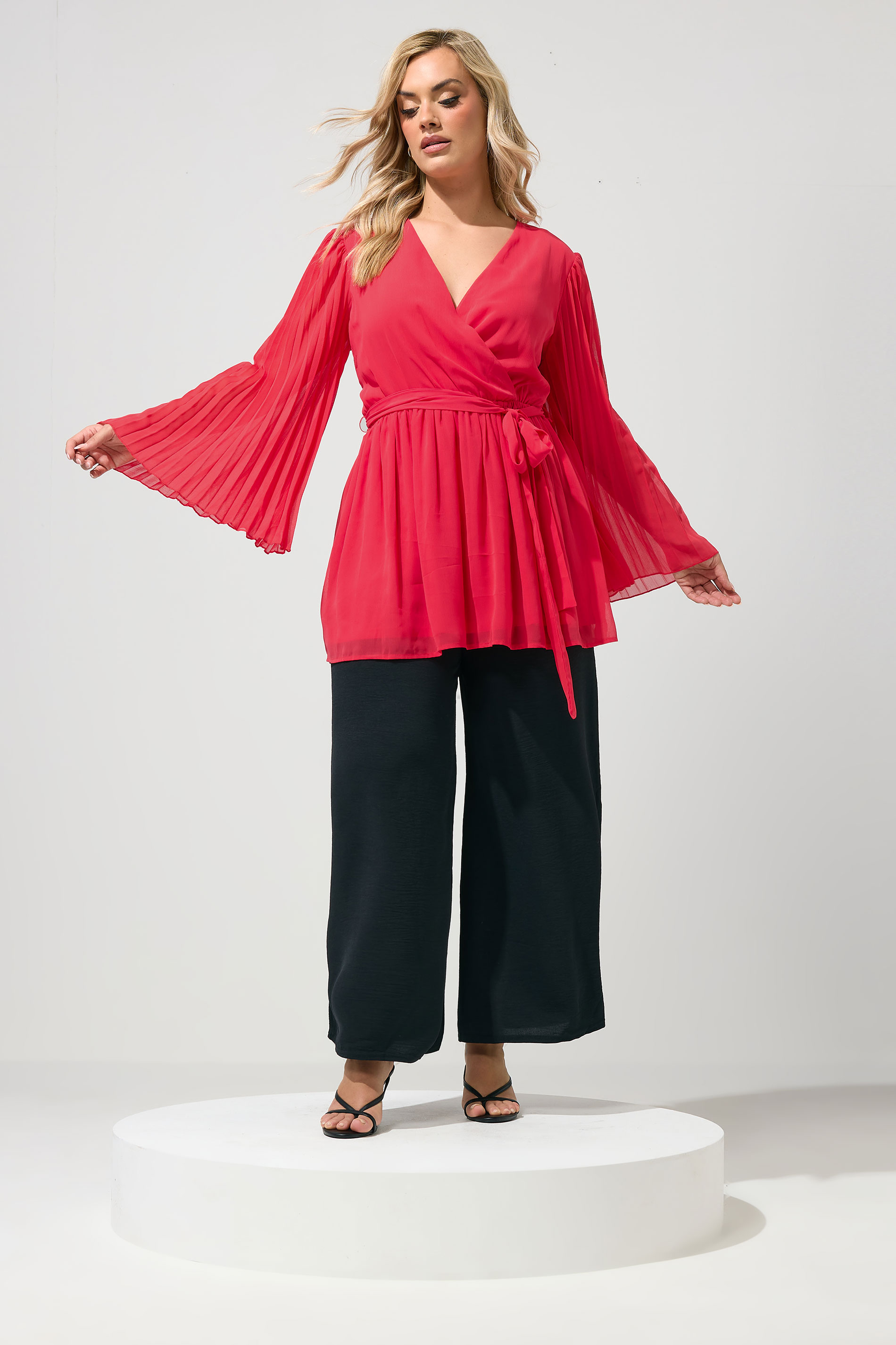YOURS LONDON Plus Size Red Pleat Sleeve Wrap Top | Yours Clothing 1