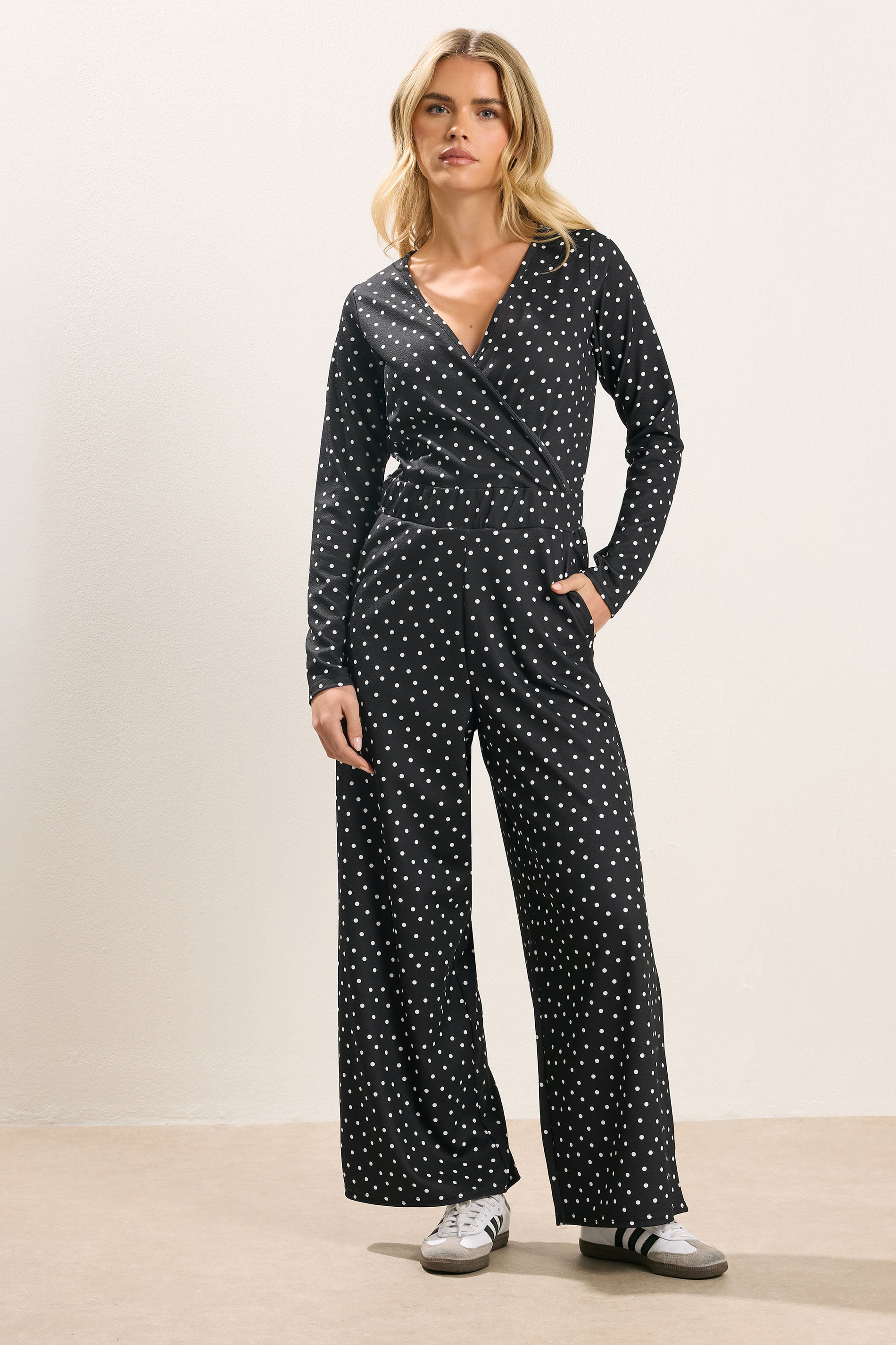 PixieGirl Petite Women's Black Polka Dot Wide Leg Jumpsuit | PixieGirl 1