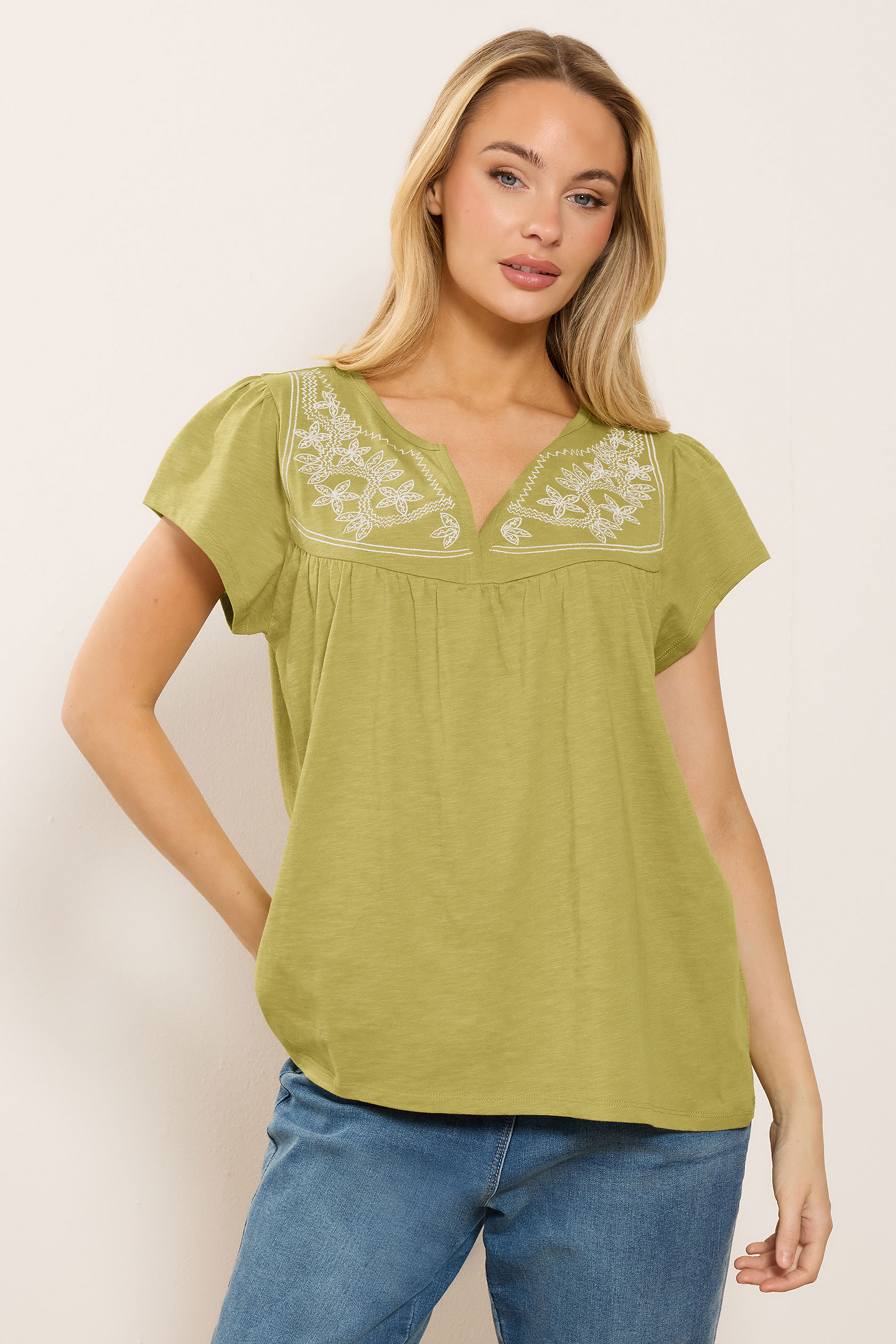 M&Co Green Embroidered Cotton Notch Neck Top | M&Co 3