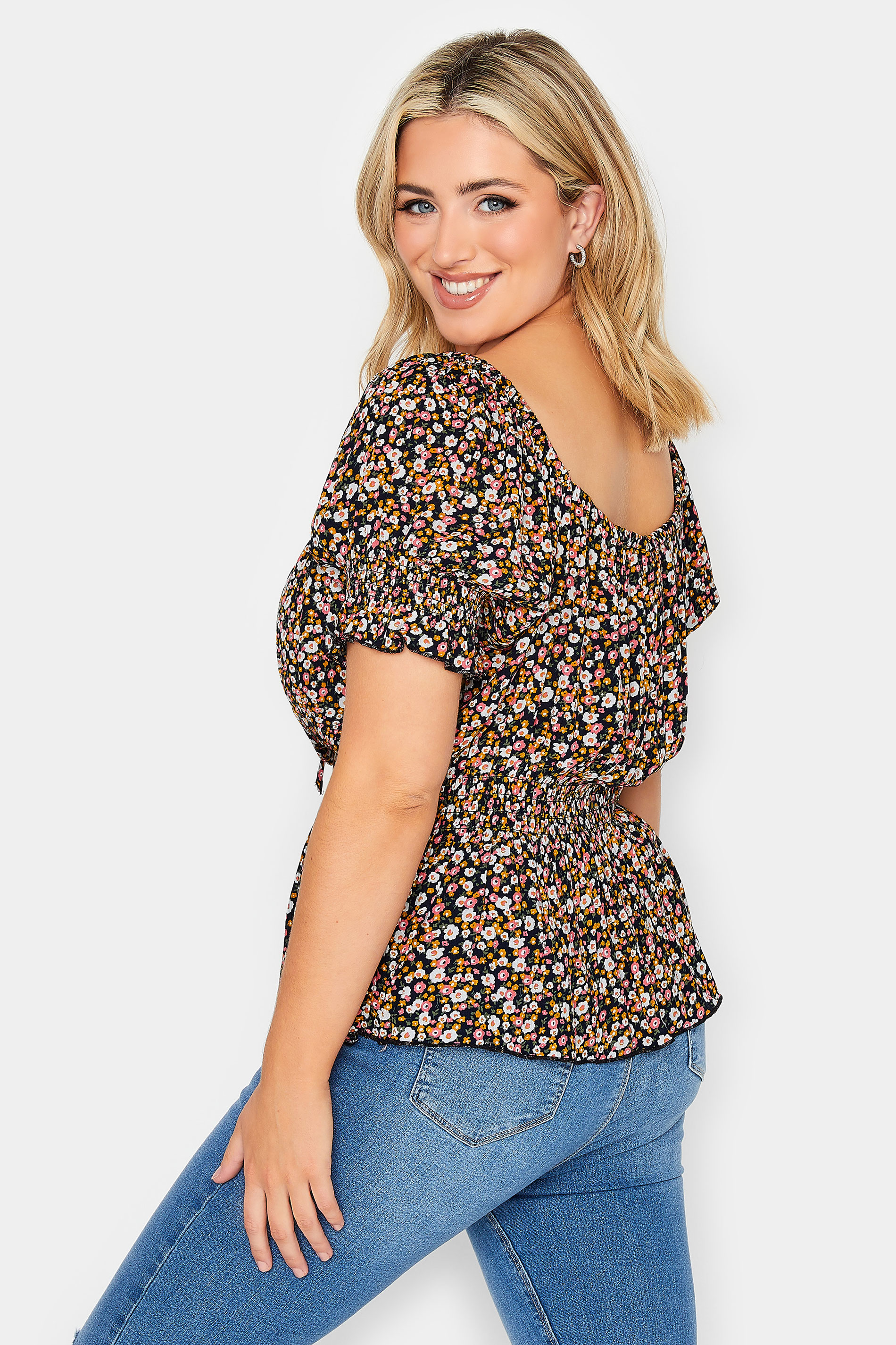 YOURS PETITE Plus Size Navy Blue Floral Bardot Top | Yours Clothing 3