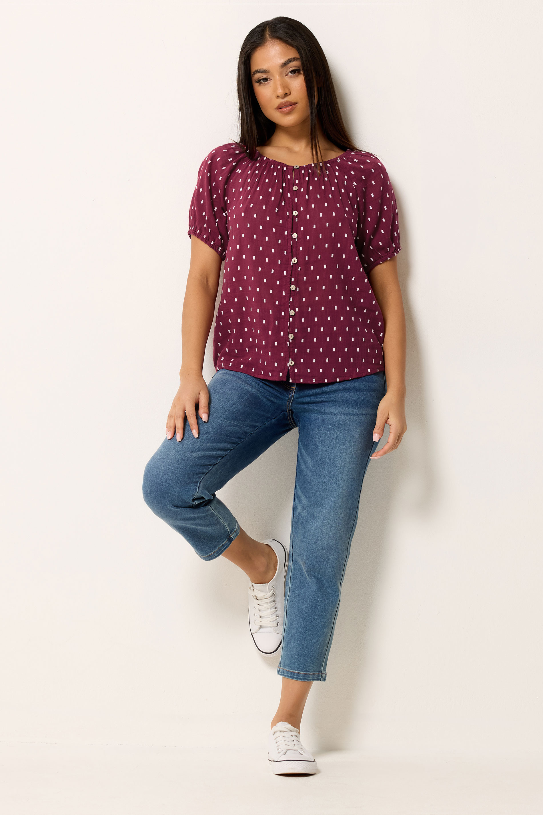 M&Co Petite Berry Purple Dobby Short Sleeve Blouse | M&Co  1