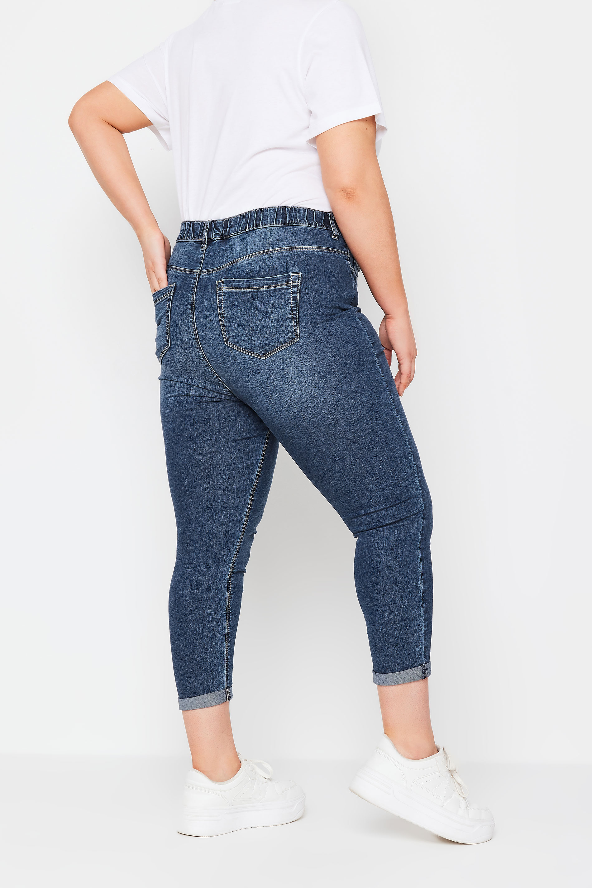 YOURS Plus Size Mid Wash Blue Ripped Turn Up Cropped GRACE Jeggings | Yours Clothing 3