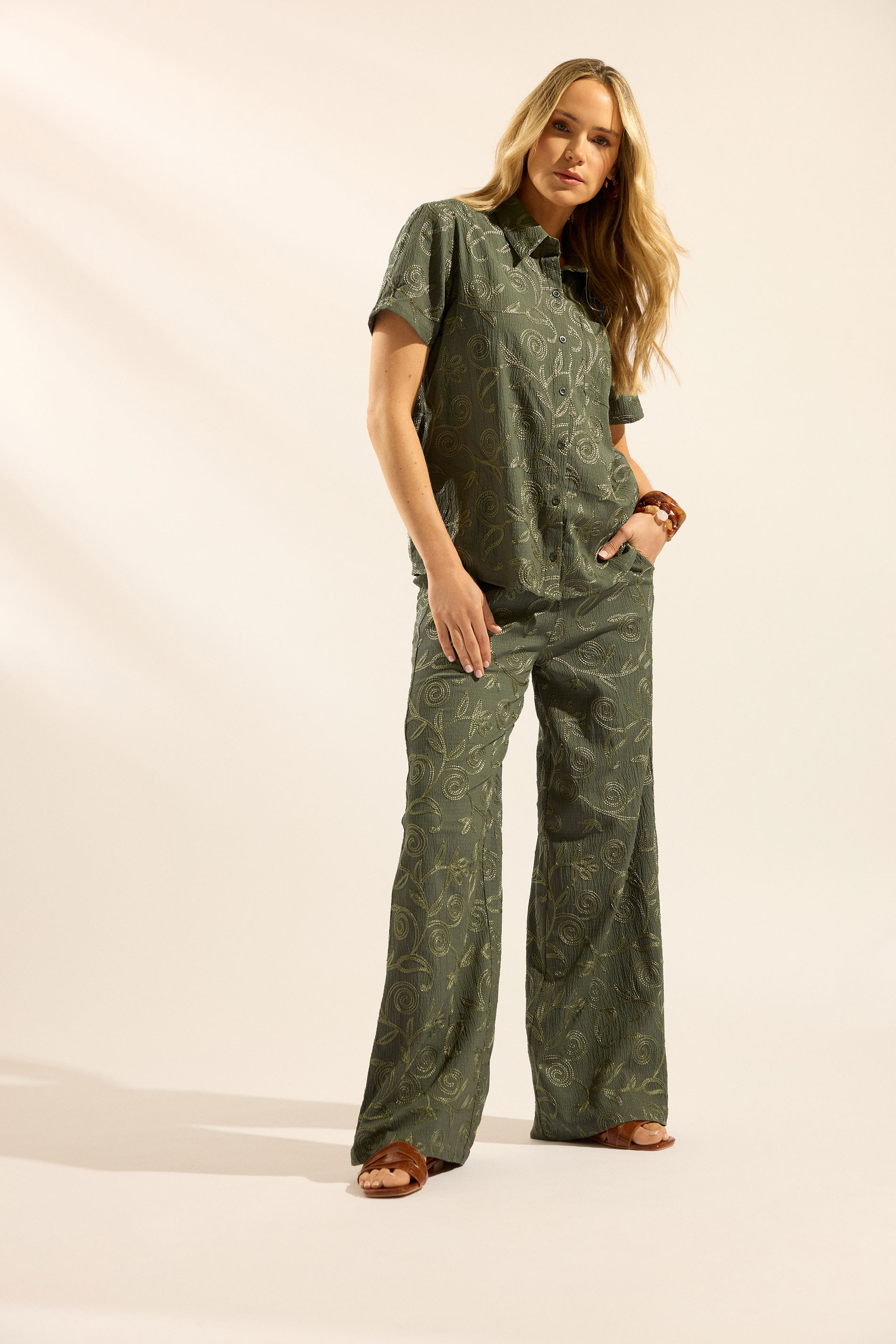 LTS Tall Women's Olive Green Floral Embroidered Wide Leg Trousers | Long Tall Sally 3