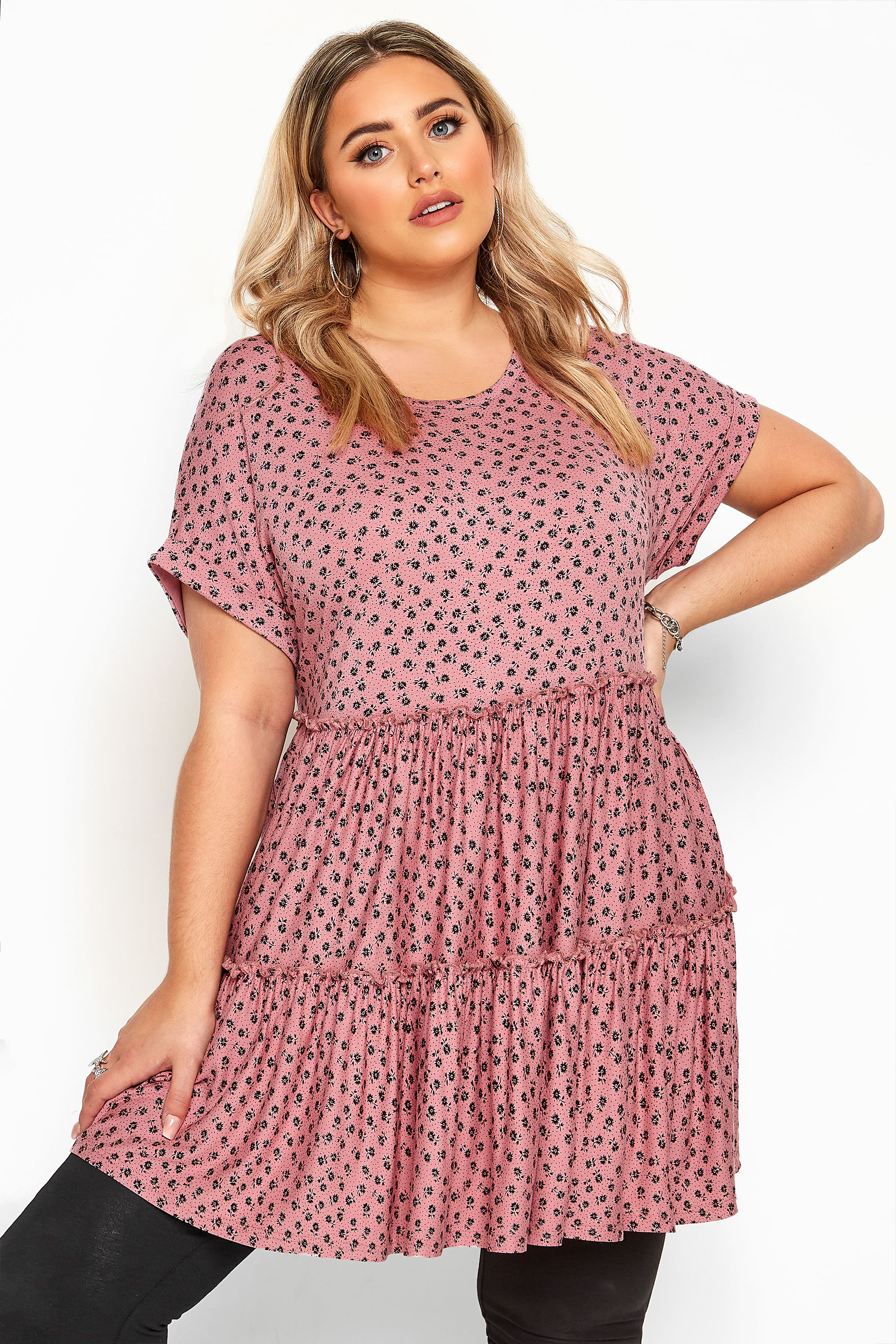 Pink Ditsy Floral Peplum Smock Tunic | Yours Clothing