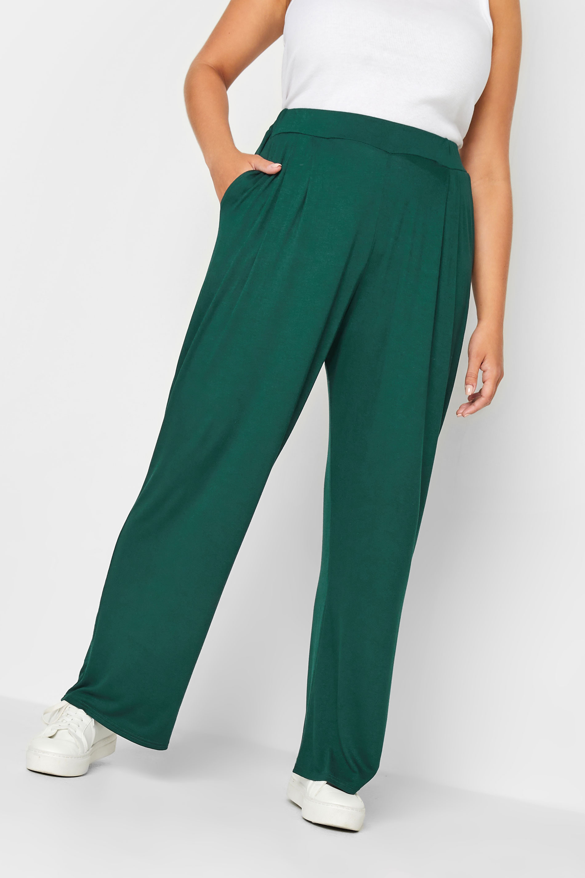 YOURS Plus Size Green Pleat Front Wide Leg Trousers | Yours Clothing 1