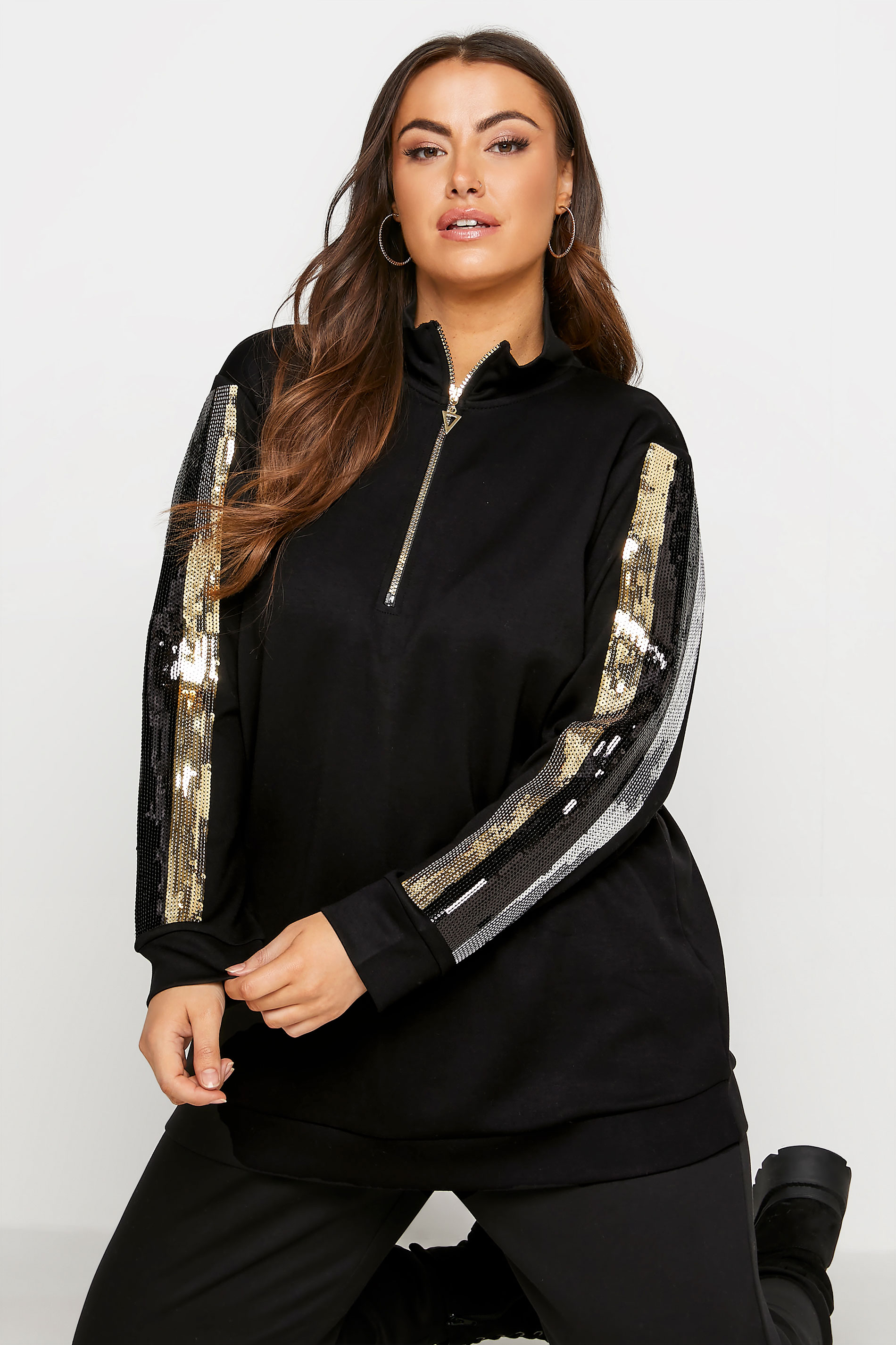 Plus Size Black Sequin Stripe Half Zip Sweatshirt | Yours Clothing 1