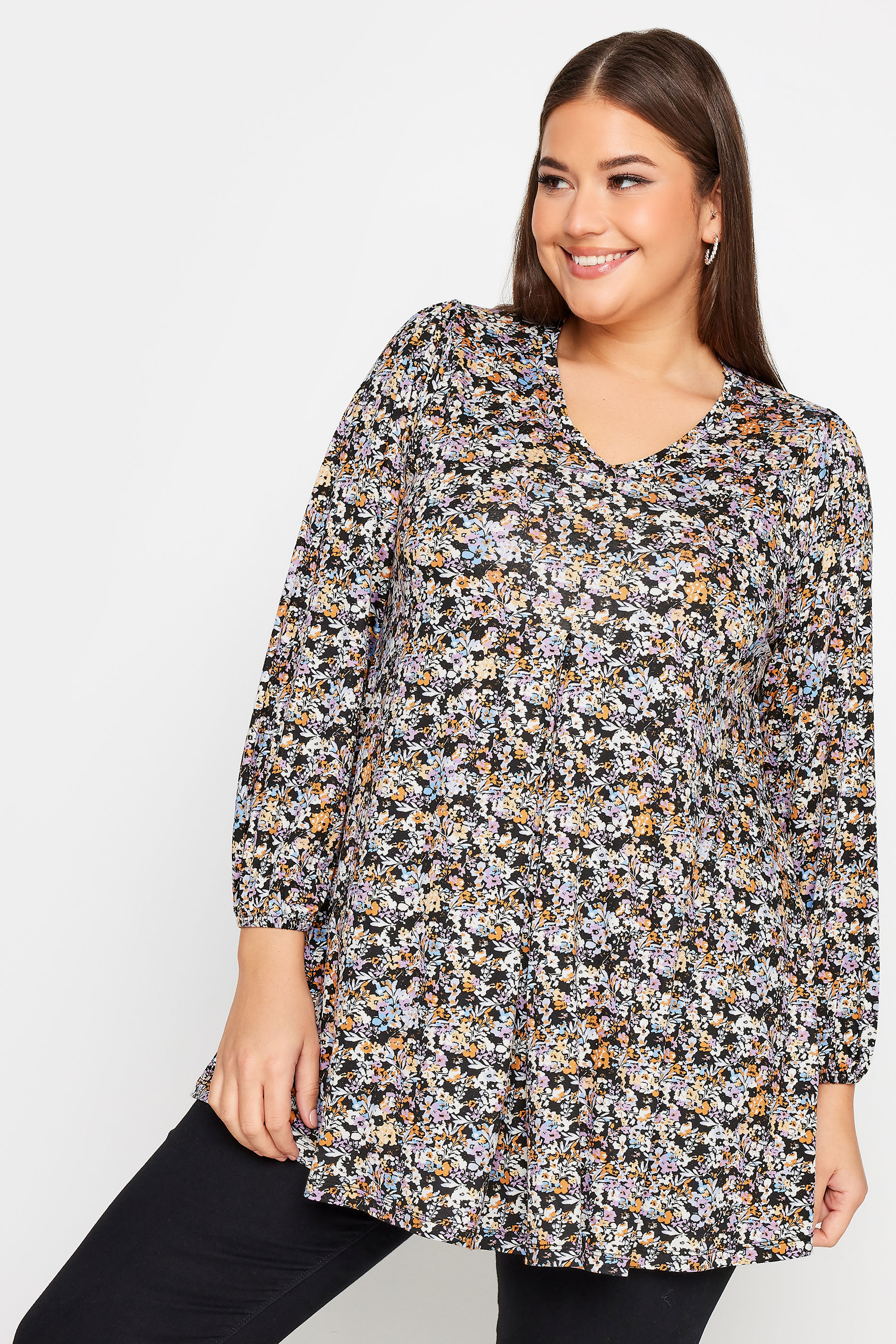 YOURS Plus Size Black Floral Print Long Sleeve Swing Top | Yours Clothing 1