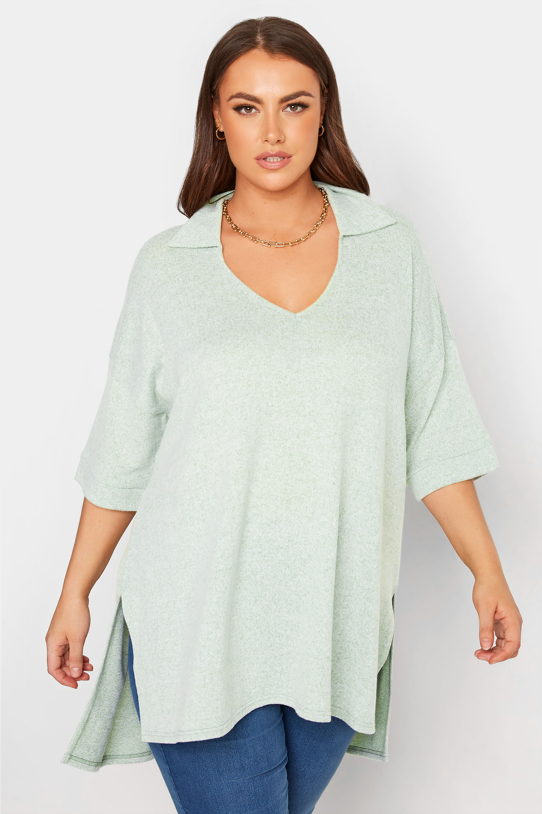 LIMITED COLLECTION Curve Sage Green Open Collar Oversized Top_A.jpg