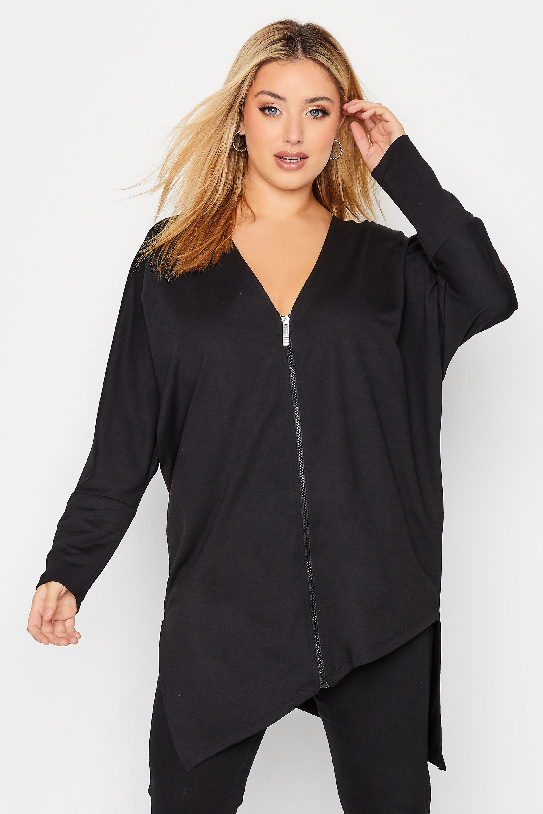 Plus Size Black Asymmetric Hem Zip Front Cardigan | Yours Clothing  1