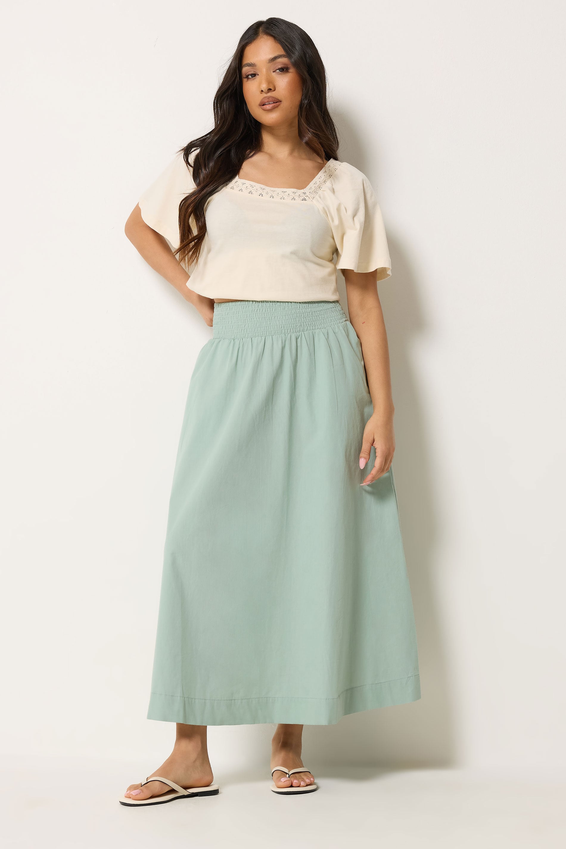 PixieGirl Petite Women's Sage Green Poplin Shirred Cotton Maxi Skirt | PixieGirl 3