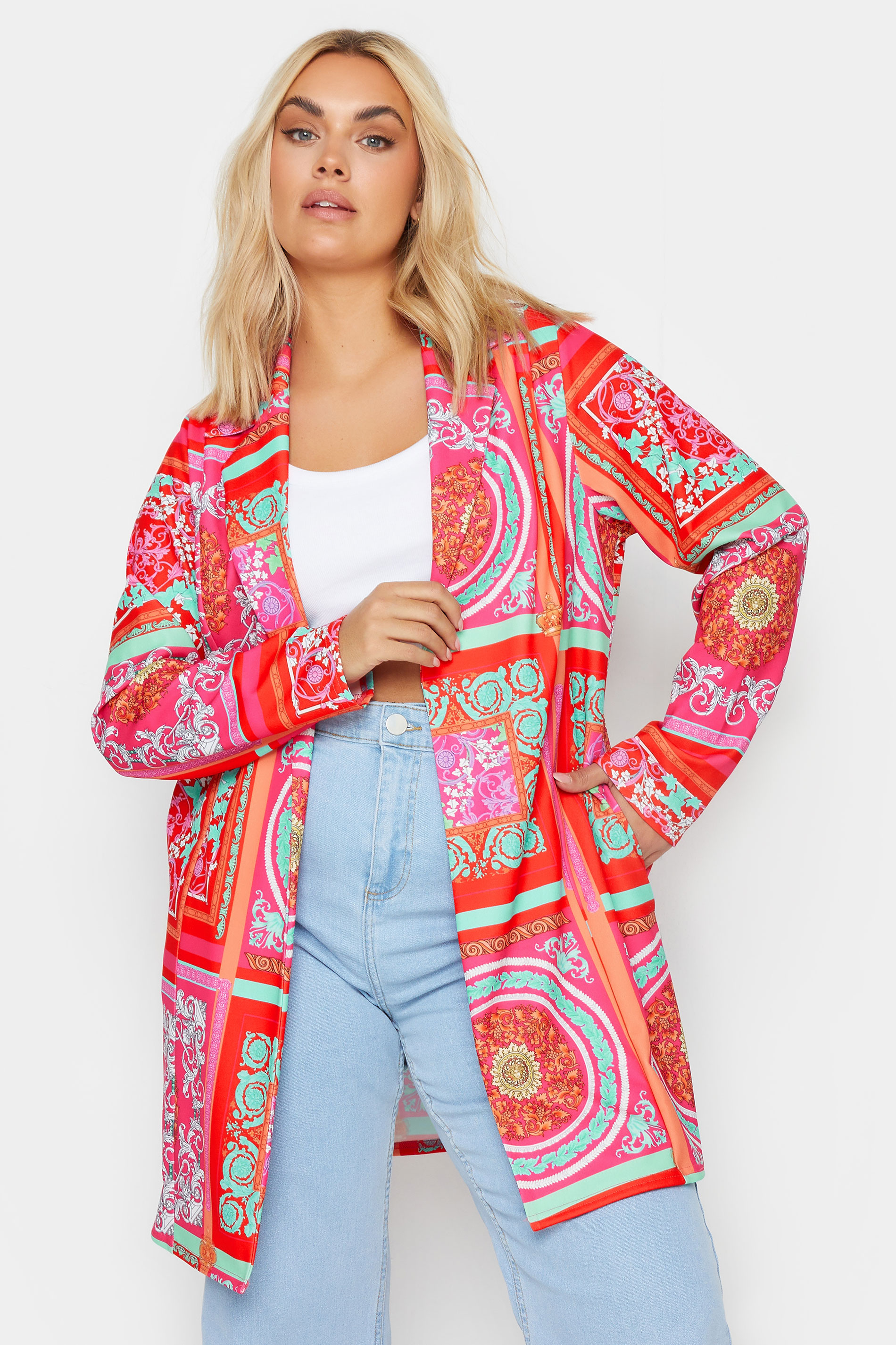 LIMITED COLLECTION Plus Size Red Mixed Tile Print Blazer | Yours Clothing 2