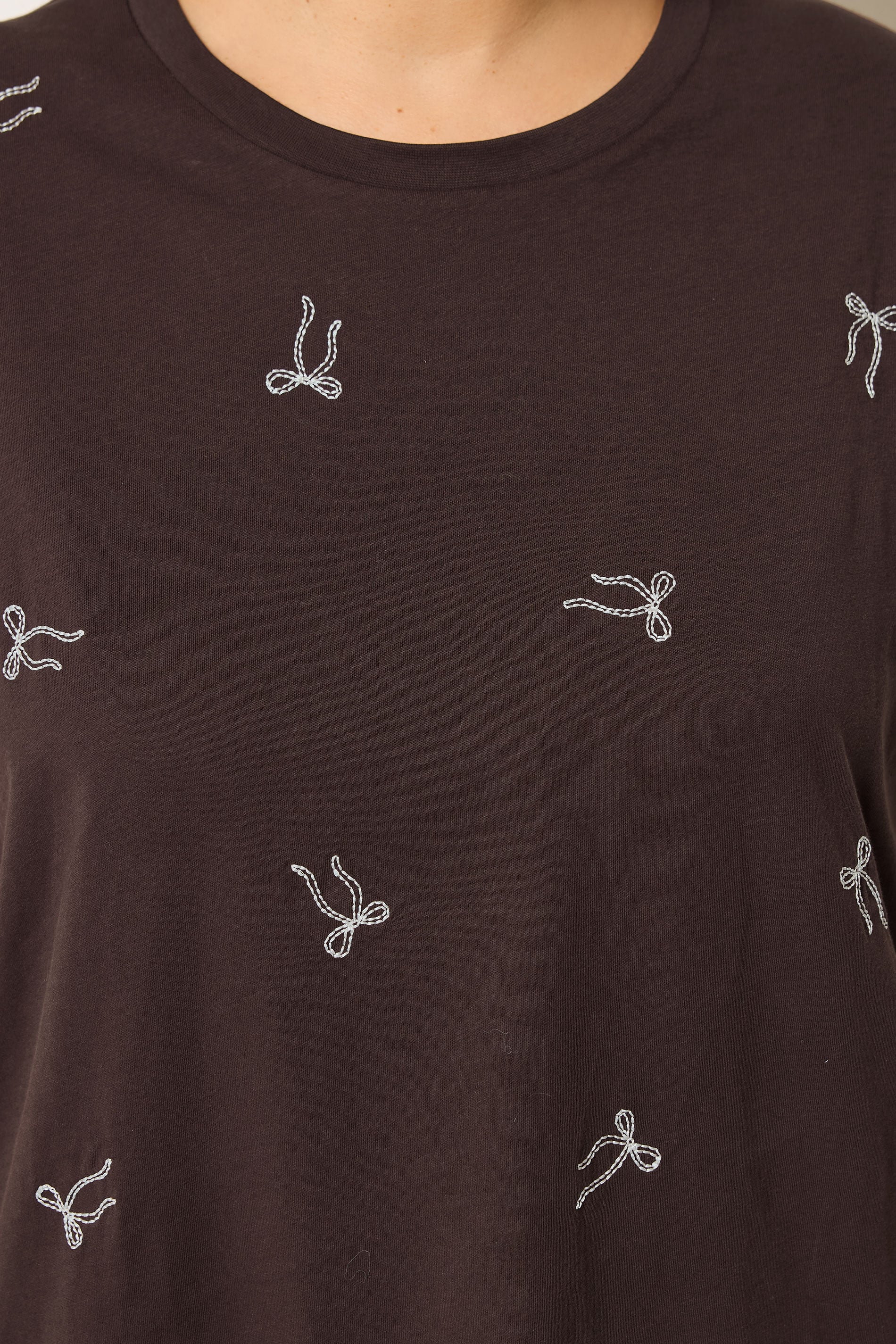 YOURS Plus Size Chocolate Brown Embroidered Bow T-Shirt | Yours Clothing 4