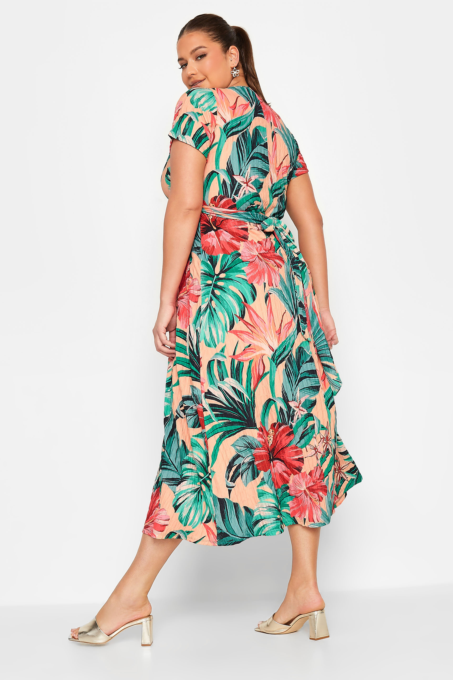 YOURS Curve Green & Peach Tropical Floral Print Wrap Dress | Yours Clothing 3
