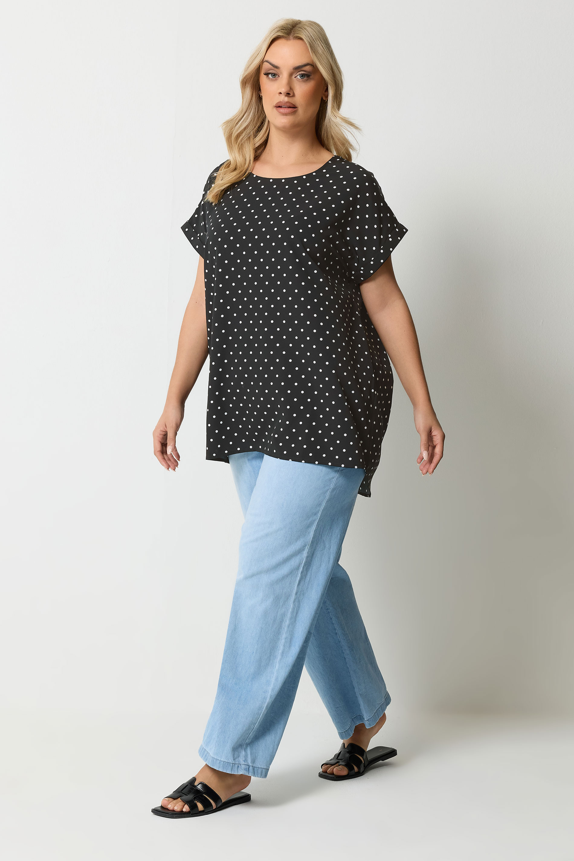 YOURS Plus Size Black Polka Dot Grown-On Sleeve Top | Yours Clothing 1