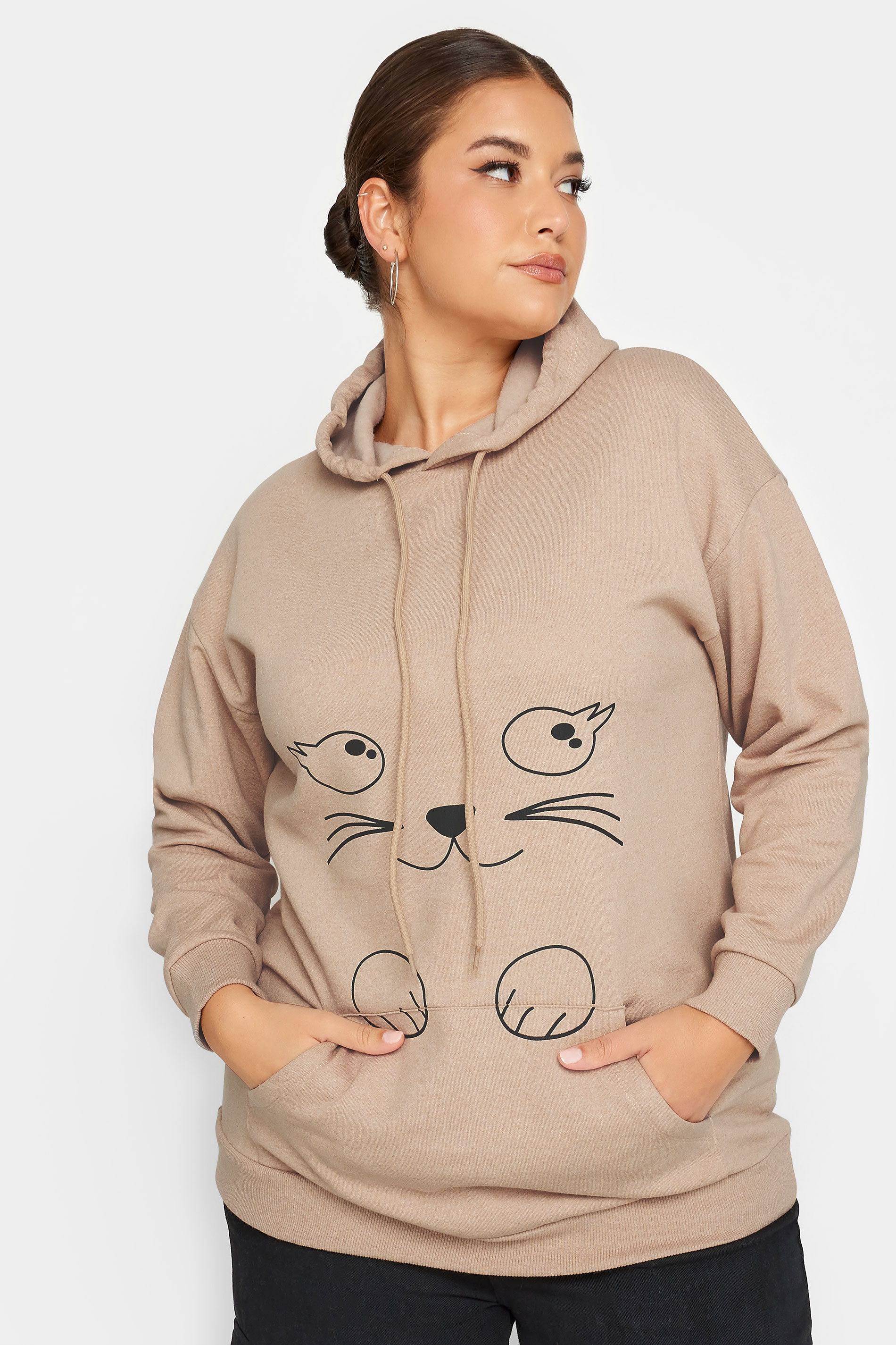 Plus Size Beige Brown Cat Graphic Print Hoodie | Yours Clothing 1