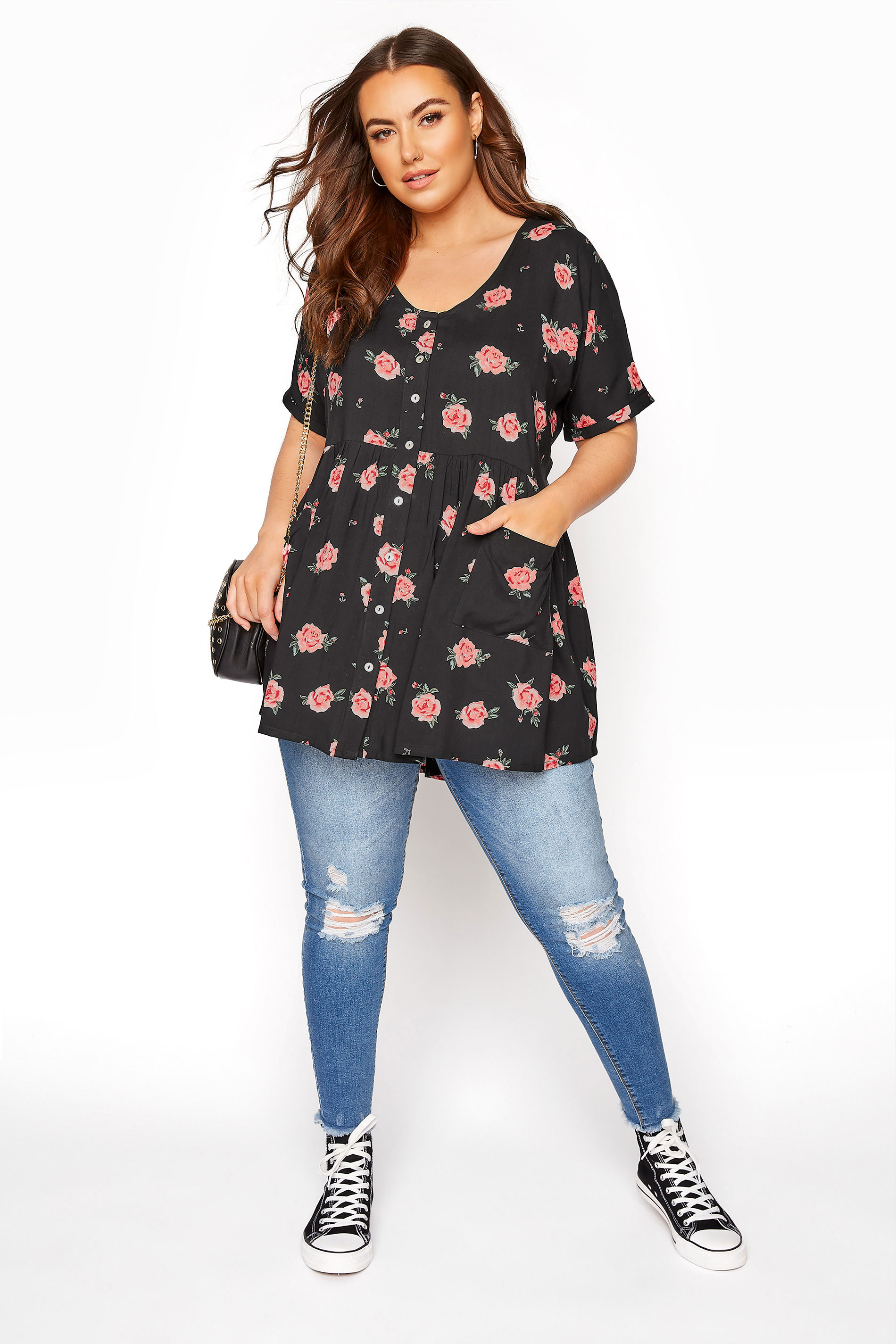 Black Floral Print Button Front Peplum Top | Yours Clothing