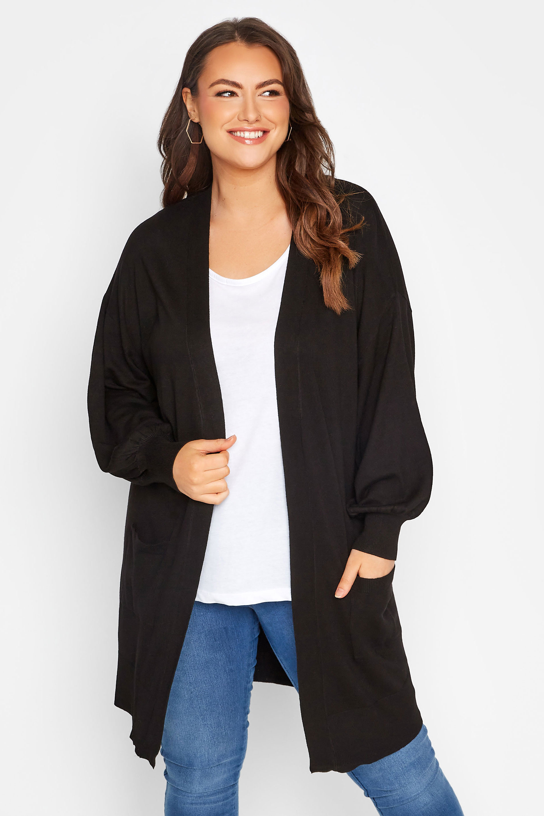 Plus Size Curve Black Balloon Sleeve Fine Knit Cardigan | Yours Clothing 1