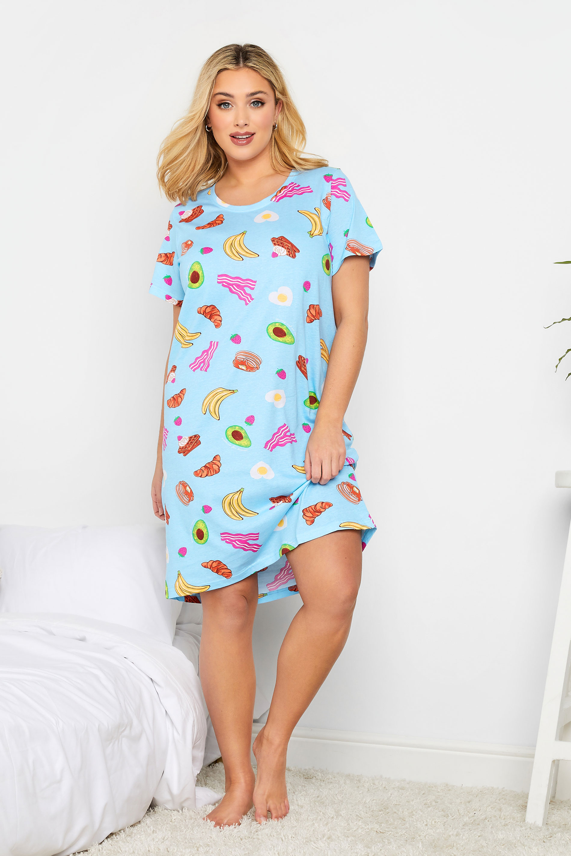 Plus Size Light Blue 'Wake Me For Brunch' Print Nightdress | Yours Clothing 1