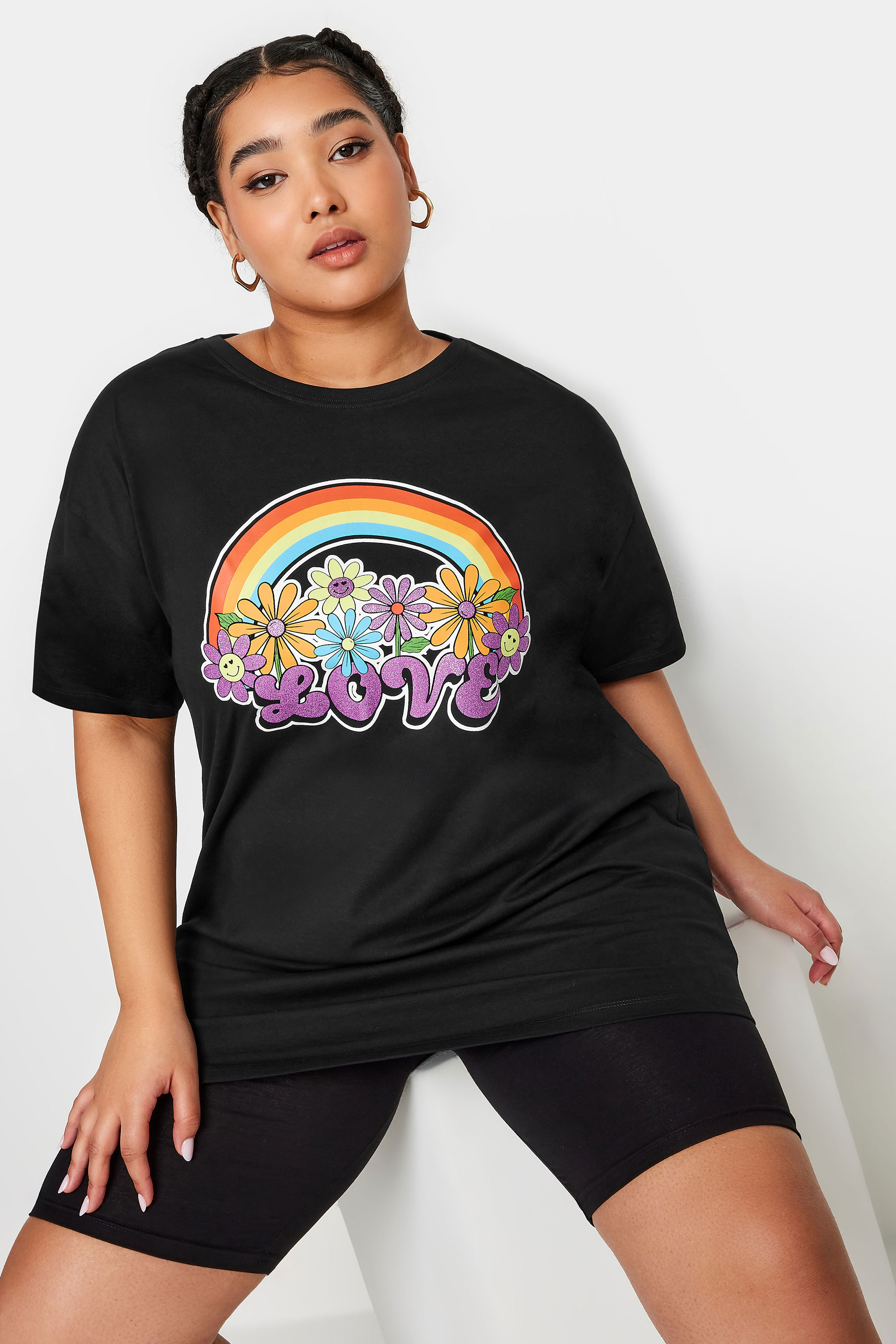 YOURS Plus Size Black Rainbow Print 'Love' Slogan Oversized T-Shirt | Yours Clothing 1