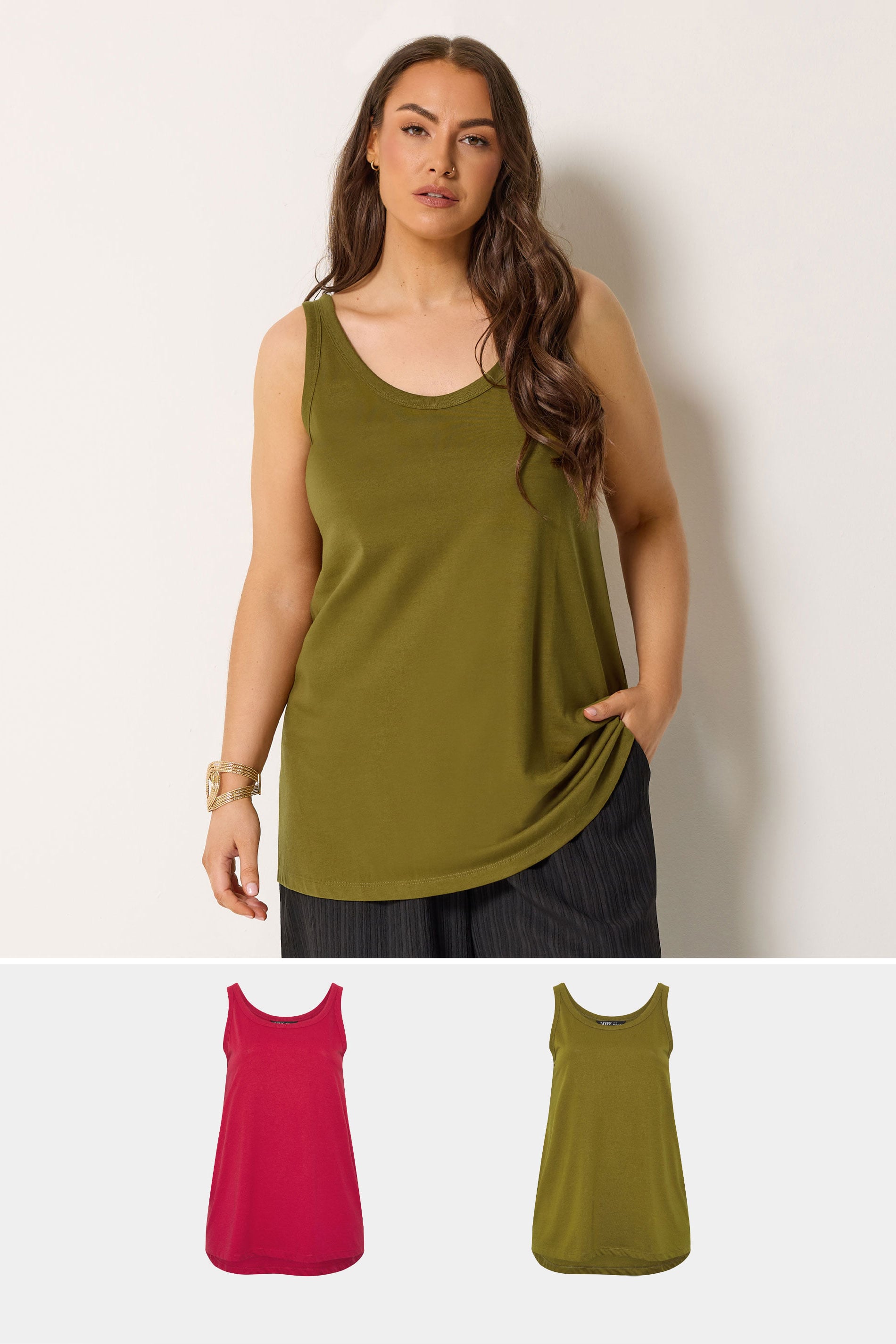 YOURSET Plus Size 2 Pack Red & Olive Green Core Vest Tops | Yours Clothing 1