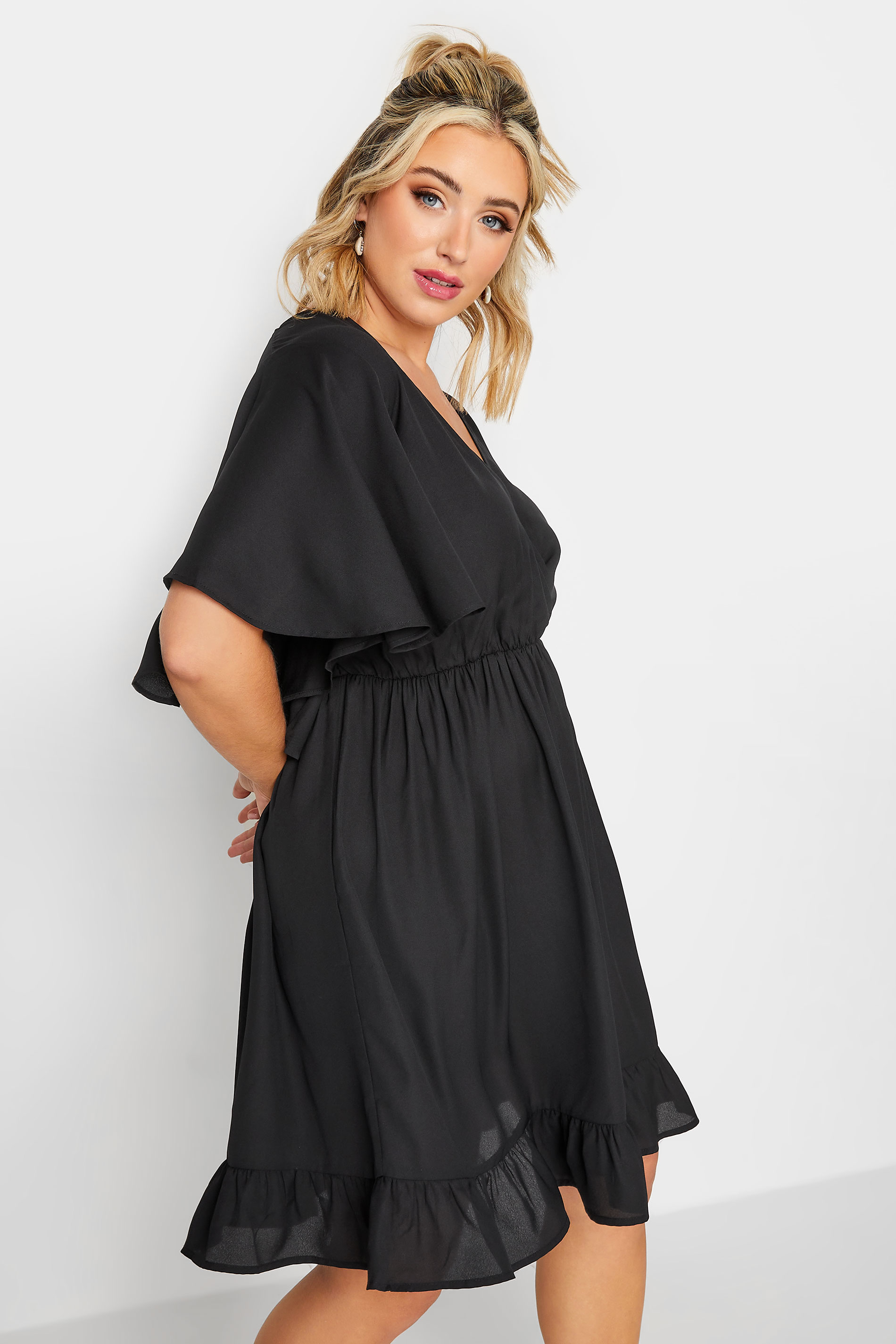 LIMITED COLLECTION Plus Size Black Frill Sleeve Wrap Tunic Dress | Yours Clothing 1