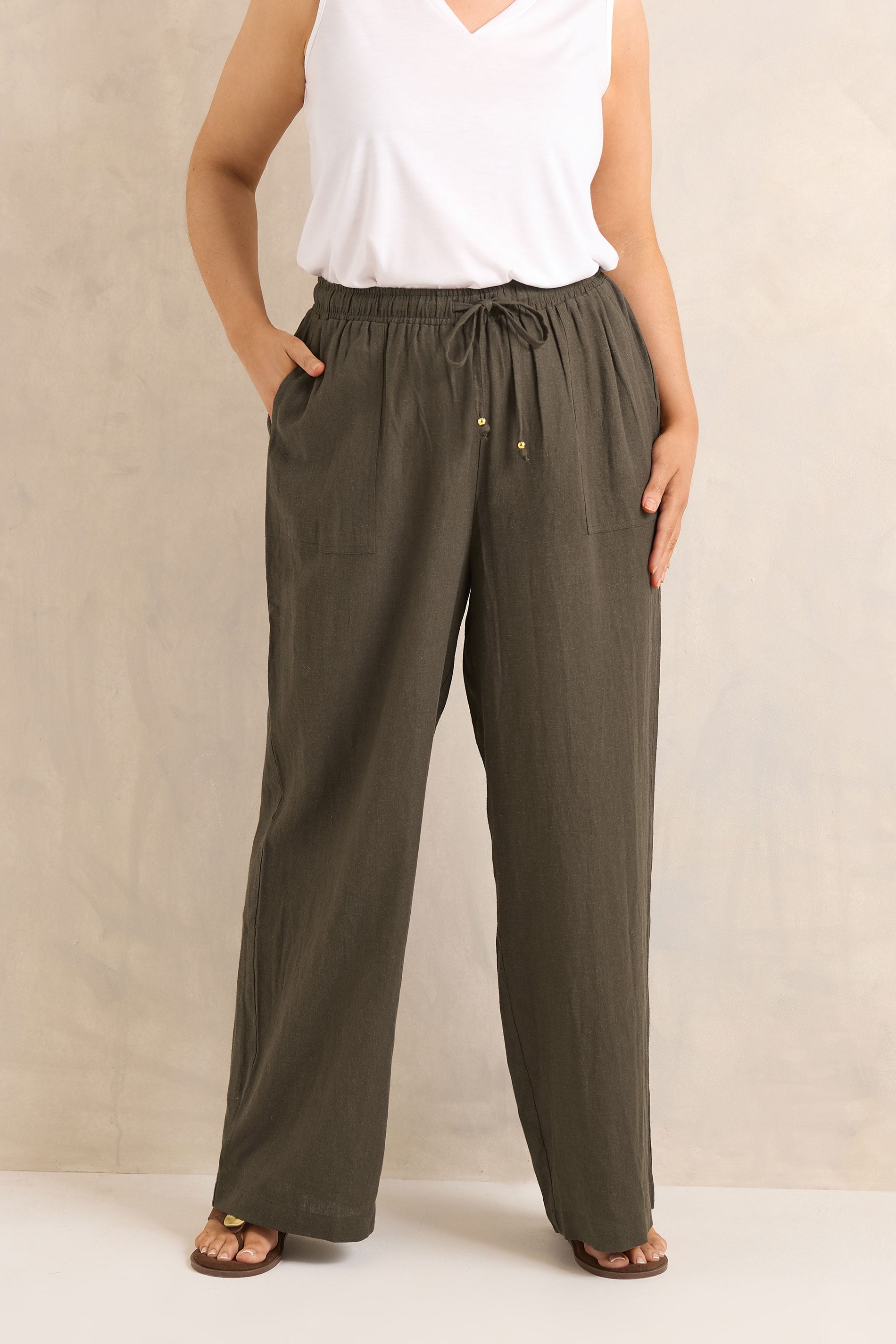 EVANS Plus Size Chocolate Brown Linen Wide Leg Trouser | Evans 3
