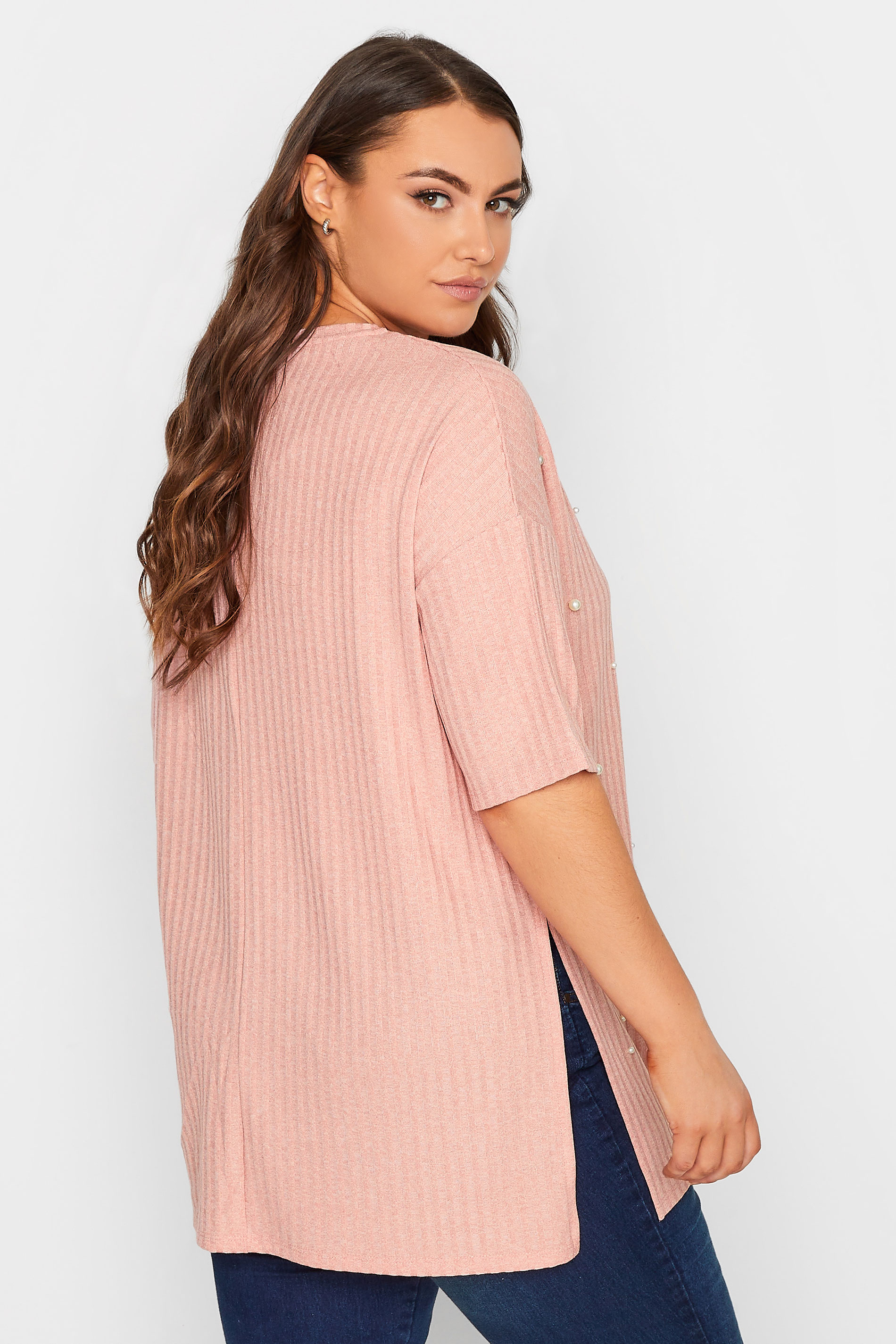 Plus Size Pink Pearl Embellished Split Hem Top | Yours Clothing 3