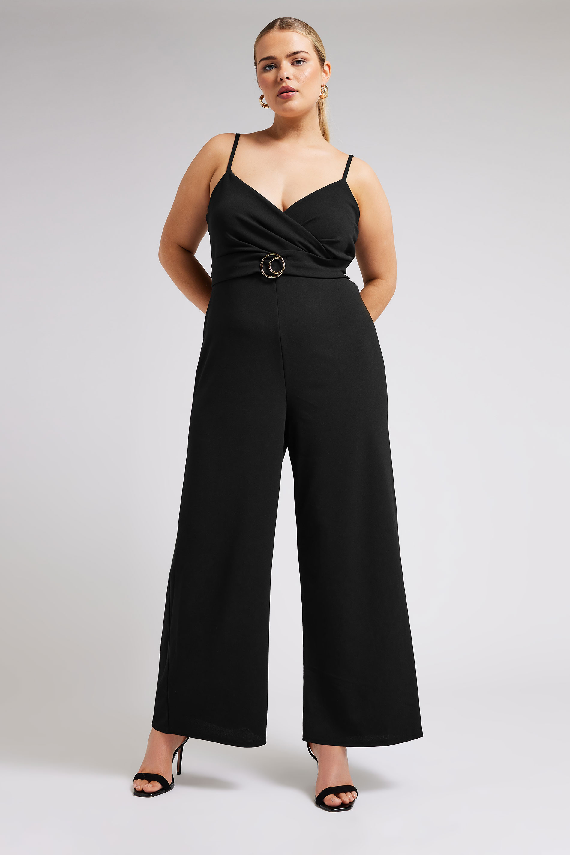 YOURS LONDON Plus Size Black Wrap Front Jumpsuit | Yours Clothing 1