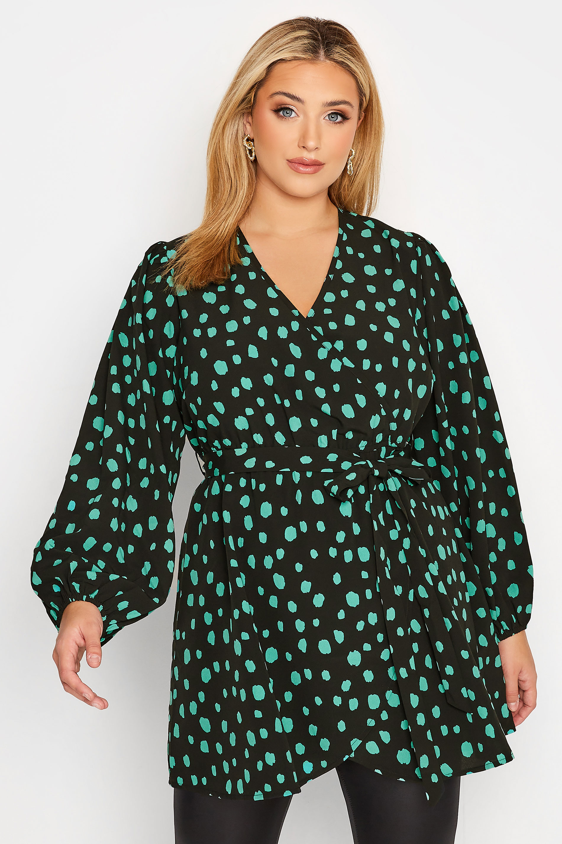Plus Size Black & Green Dalmatian Print Balloon Sleeve Wrap Top | Yours Clothing 1