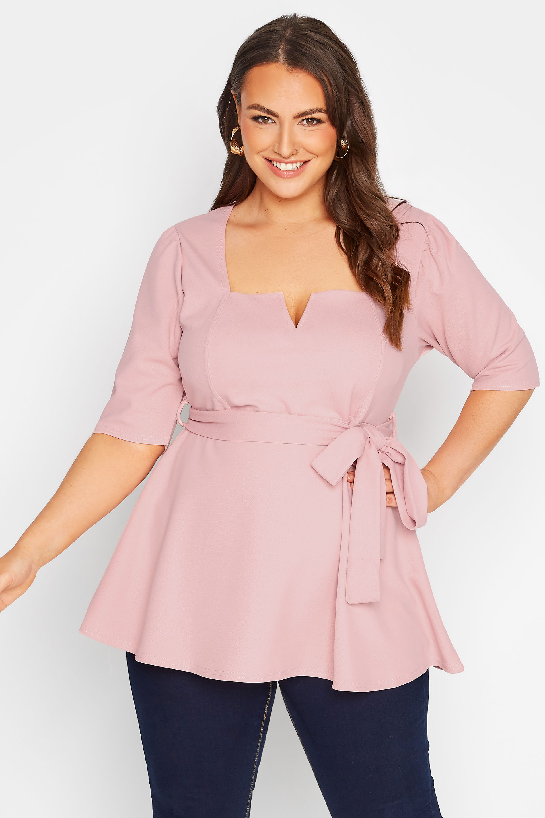 YOURS LONDON Plus Size Blush Pink Notch Neck Peplum Top | Yours Clothing 1
