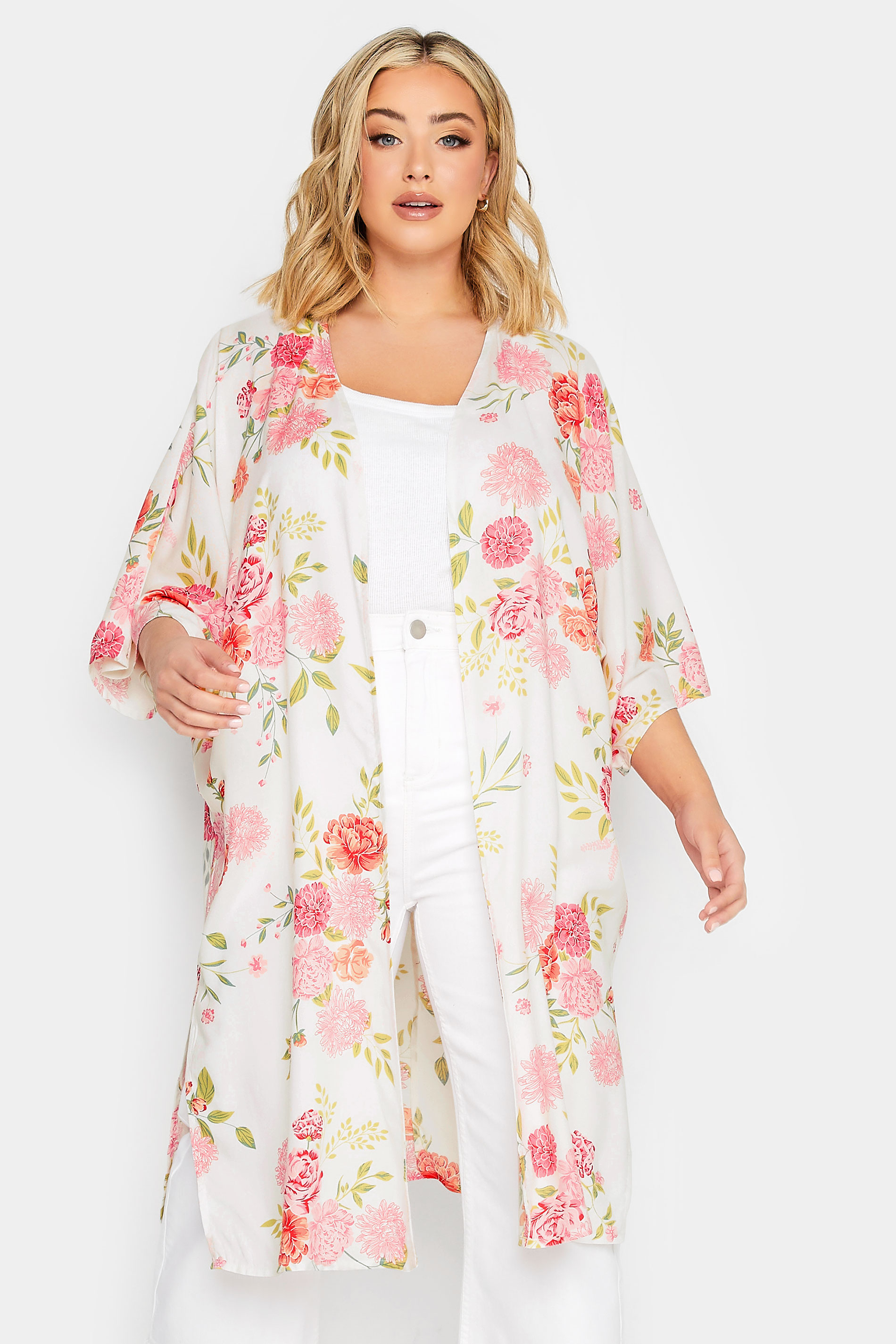 YOURS Plus Size White Floral Print Longline Kimono | Yours Clothing 1