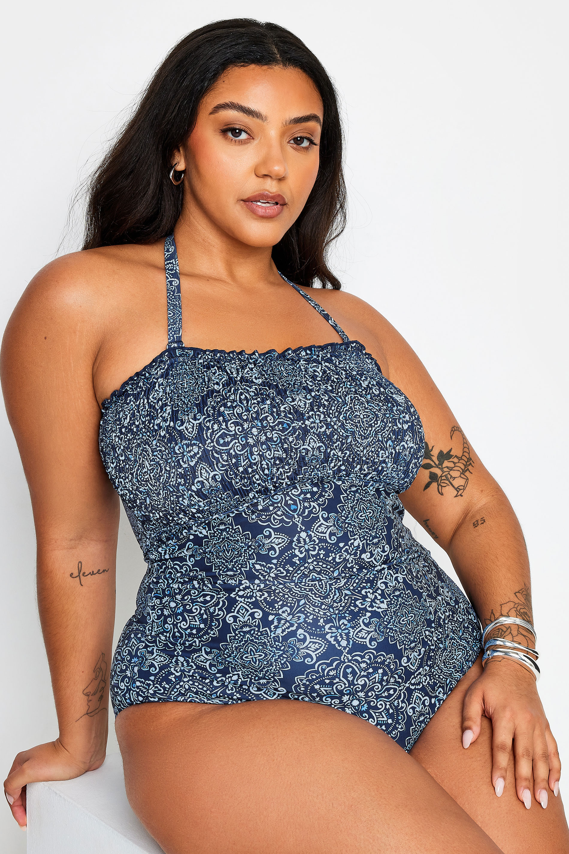 YOURS Plus Size Blue Aztec Print Shirred Tummy Control Swimsuit | Yours Clothing 3