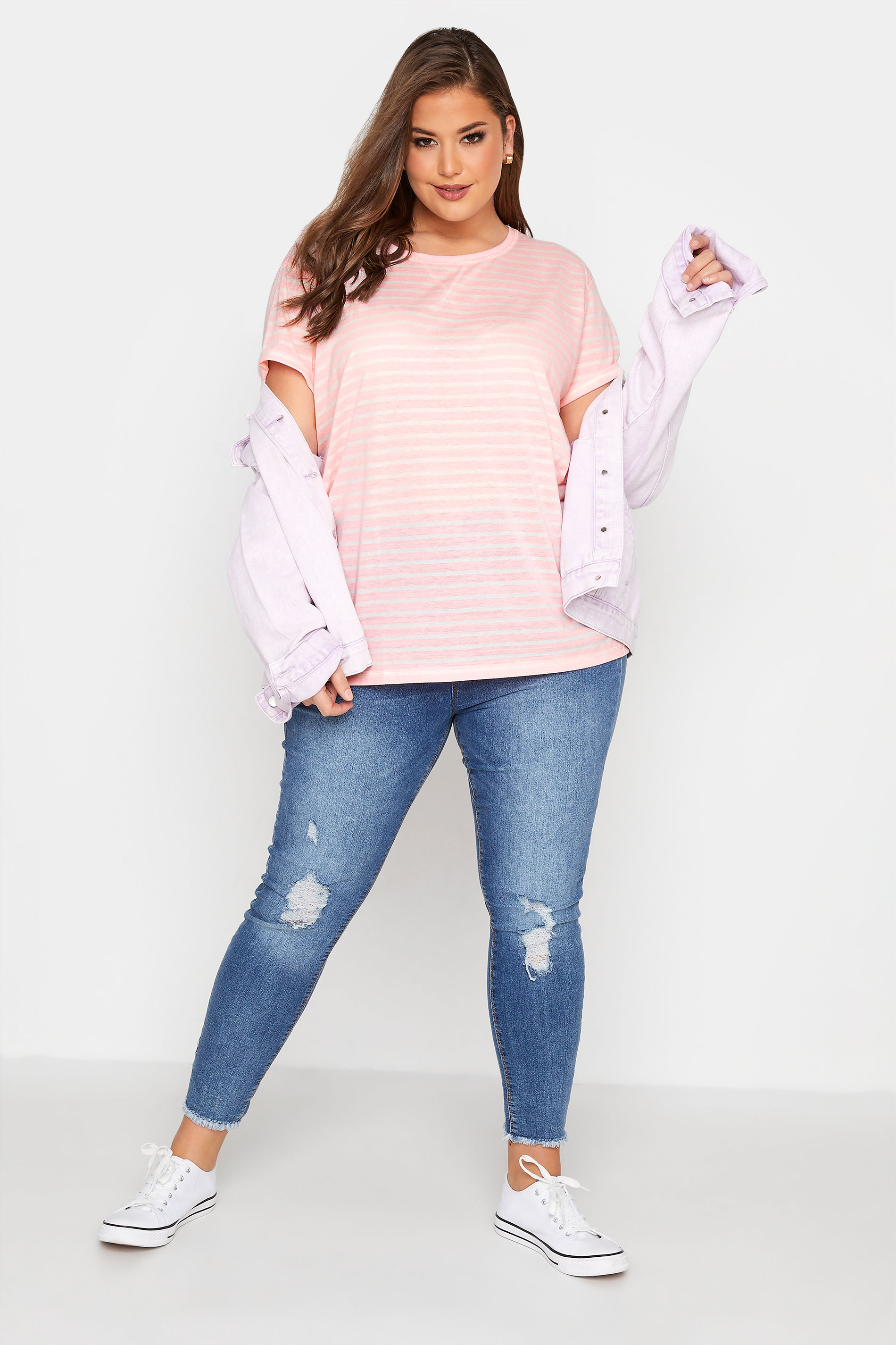 Grande taille  Tops Grande taille  T-Shirts | T-Shirt Rose Basique Imprimé Rayures - PX57122