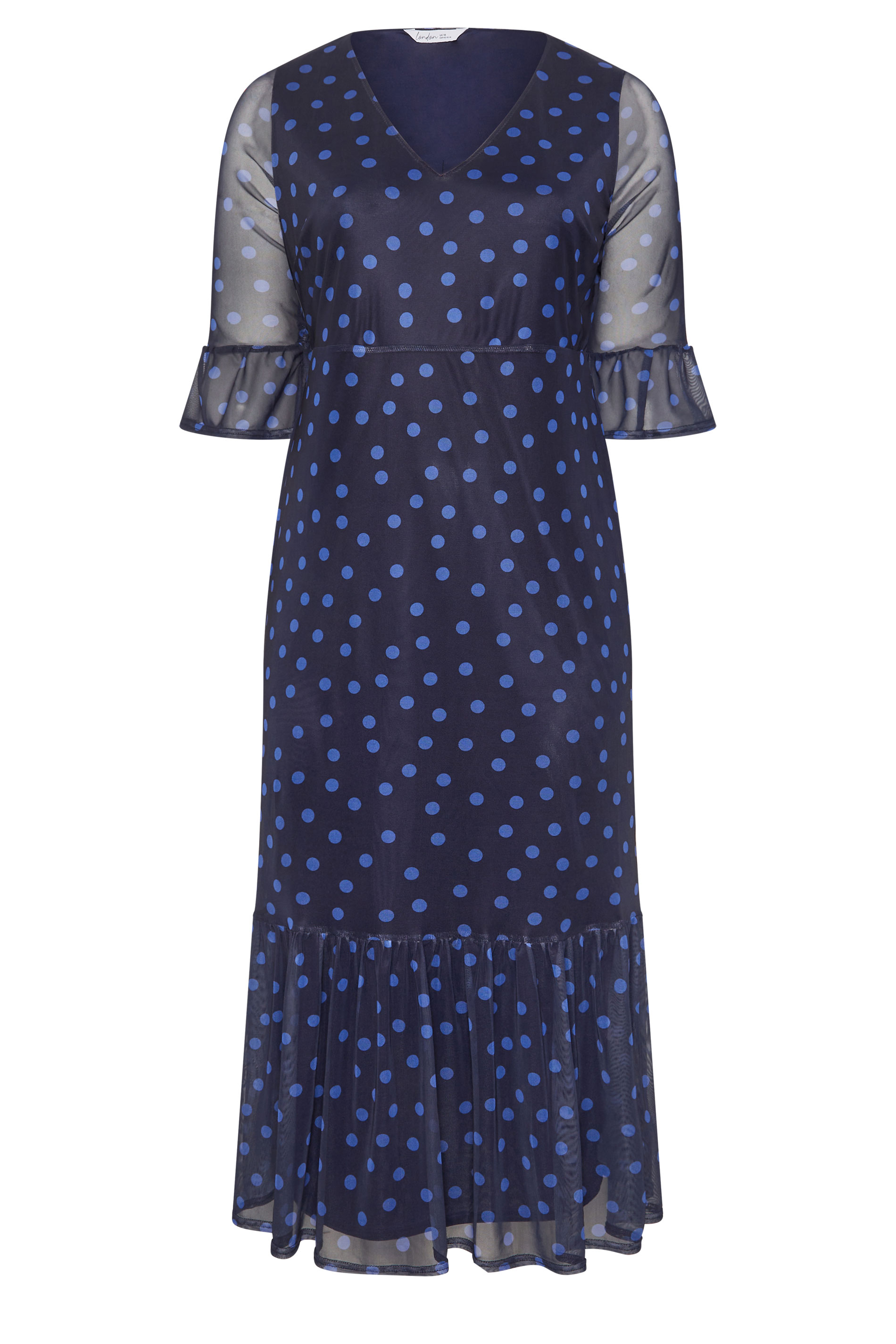 YOURS LONDON Plus Size Navy Blue Polka Dot Mesh Tiered Dress | Yours Clothing 5