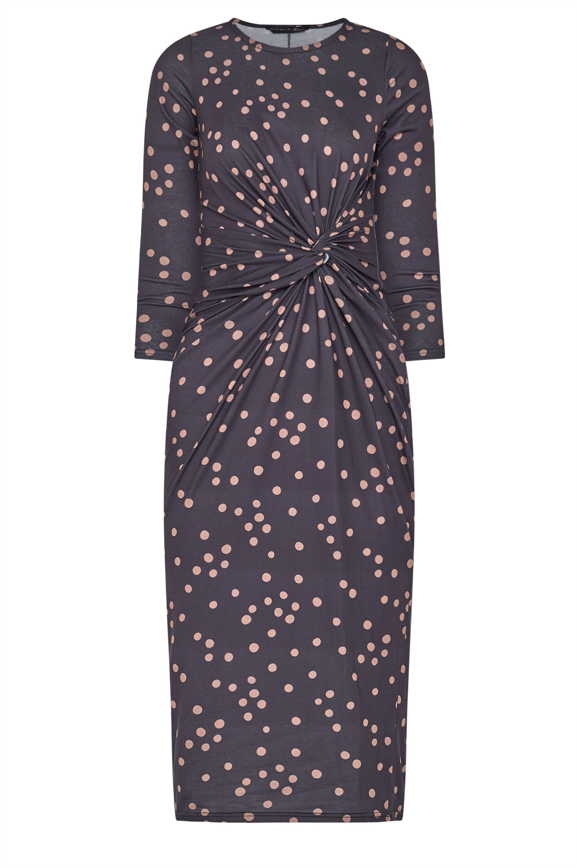 PixieGirl Petite Women's Navy Blue Polka Dot Twist Front Midi Dress | PixieGirl 6