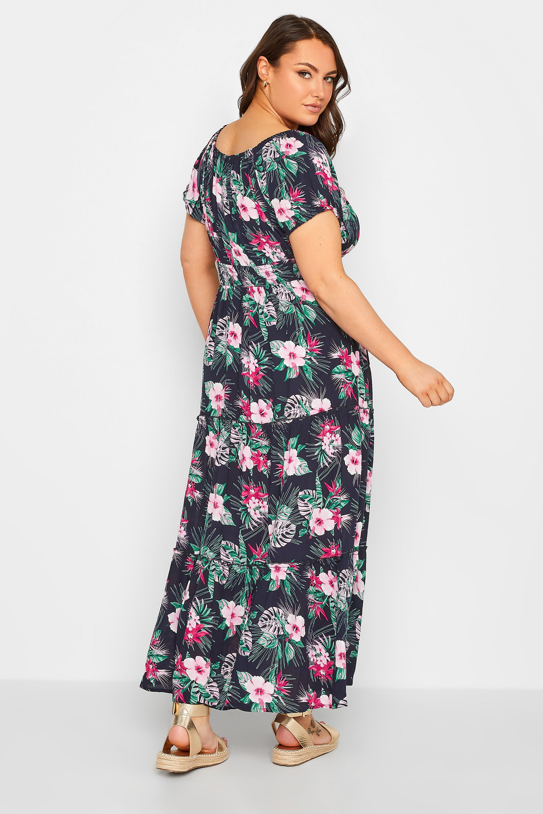 YOURS Plus Size Navy Blue Tropical Print Bardot Maxi Dress | Yours Clothing 3