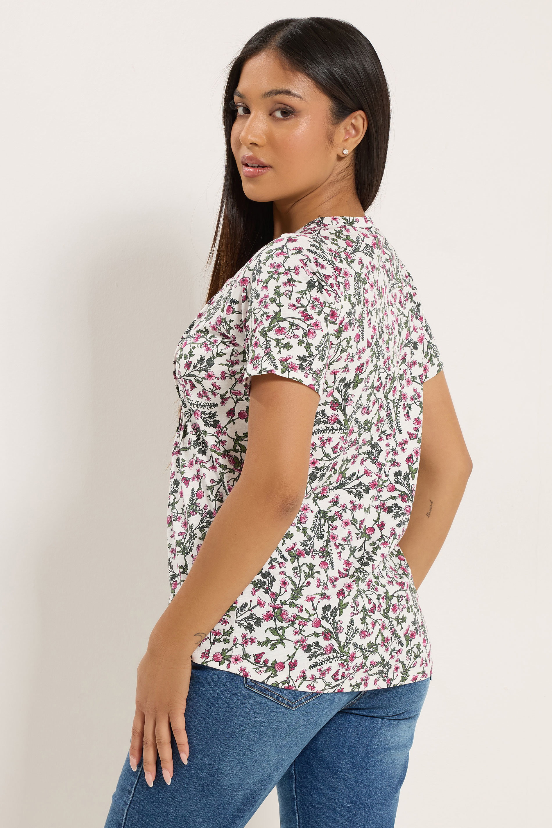 M&Co Petite White & Pink Floral Short Sleeve Cotton Henley Top | M&Co 2