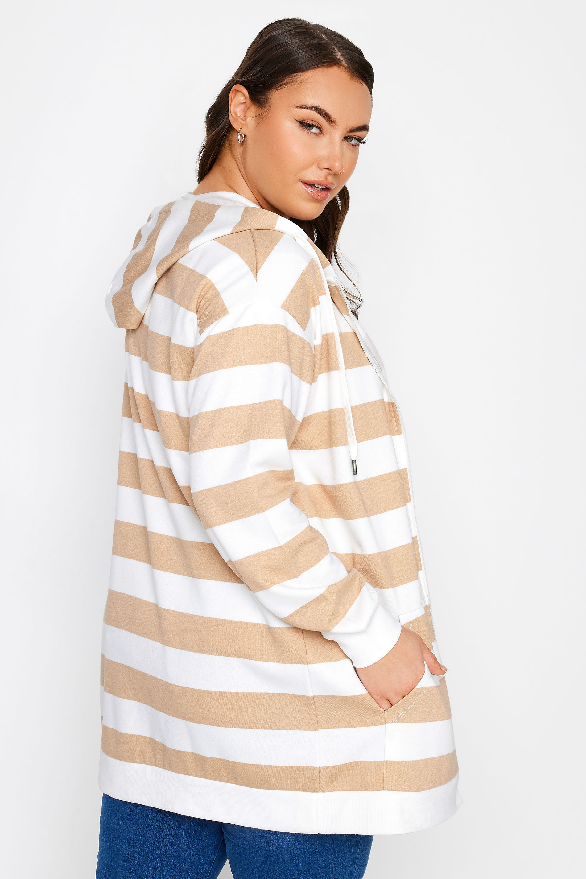 YOURS Plus Size Brown Stripe Zip Through Hoodie | Yours Clothing 3