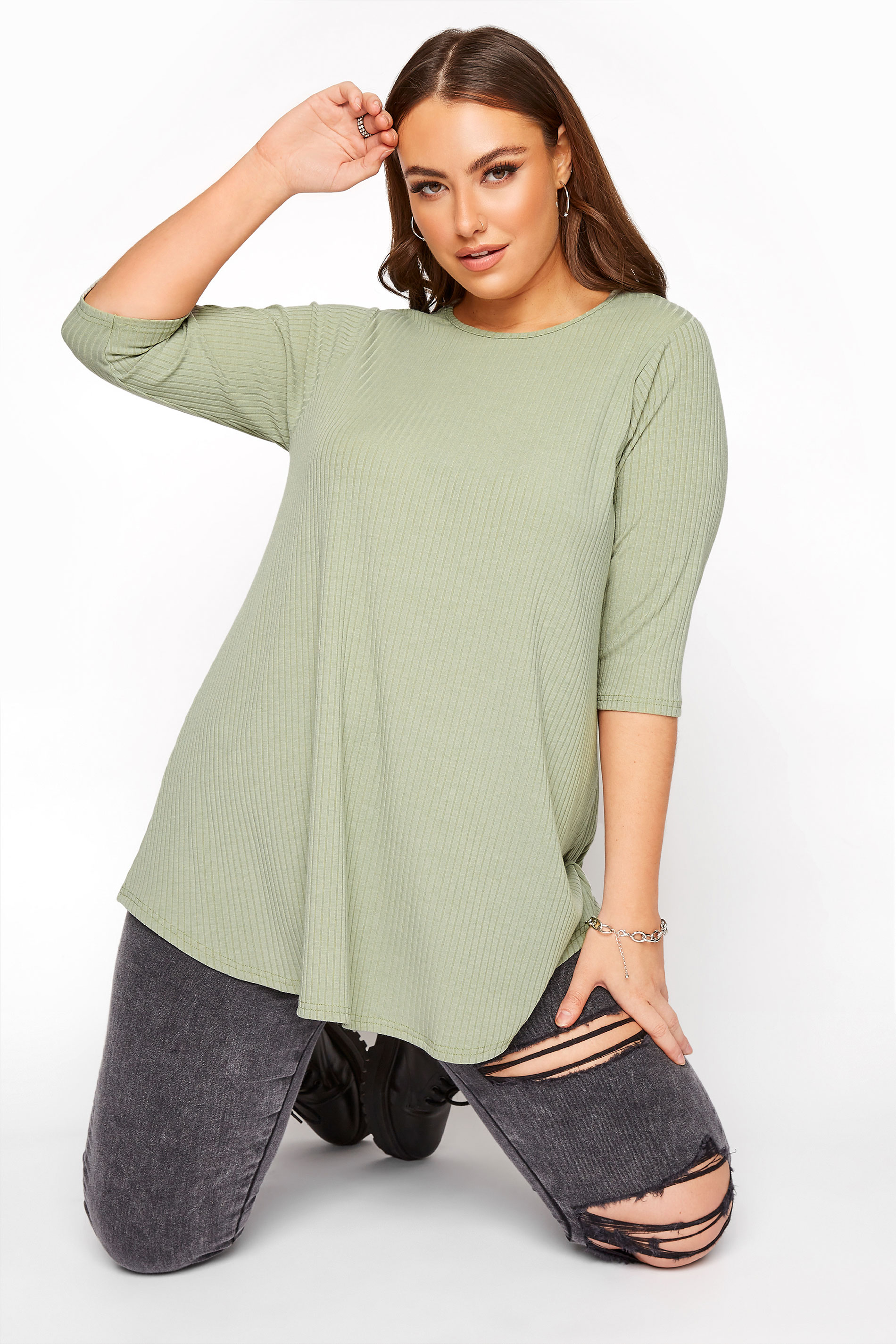 LIMITED COLLECTION Sage Green Ribbed Swing 3/4 Length Top | Yours Clothing