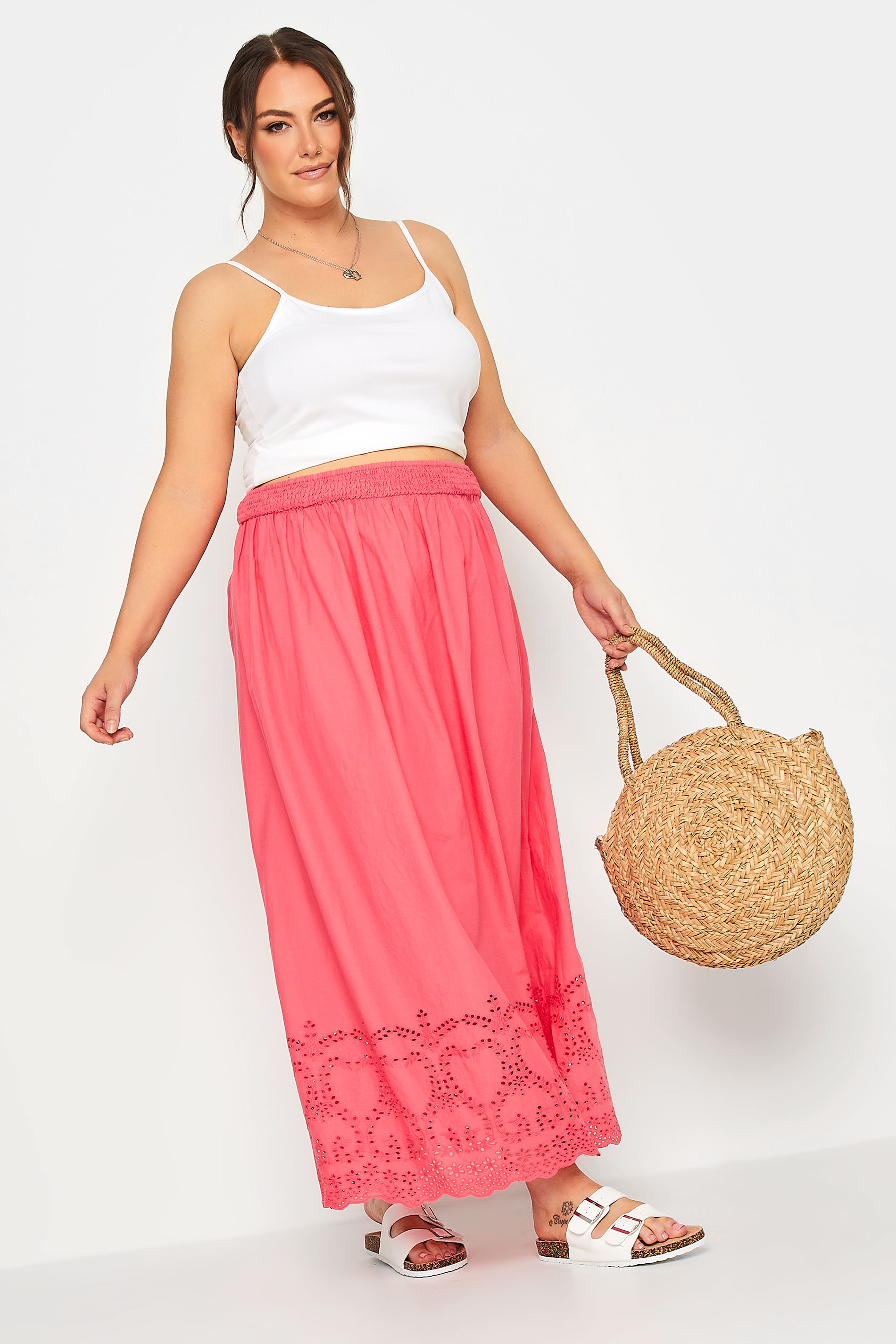 LIMITED COLLECTION Plus Size Coral Pink Broderie Anglaise Trim Maxi Skirt | Yours Clothing 2